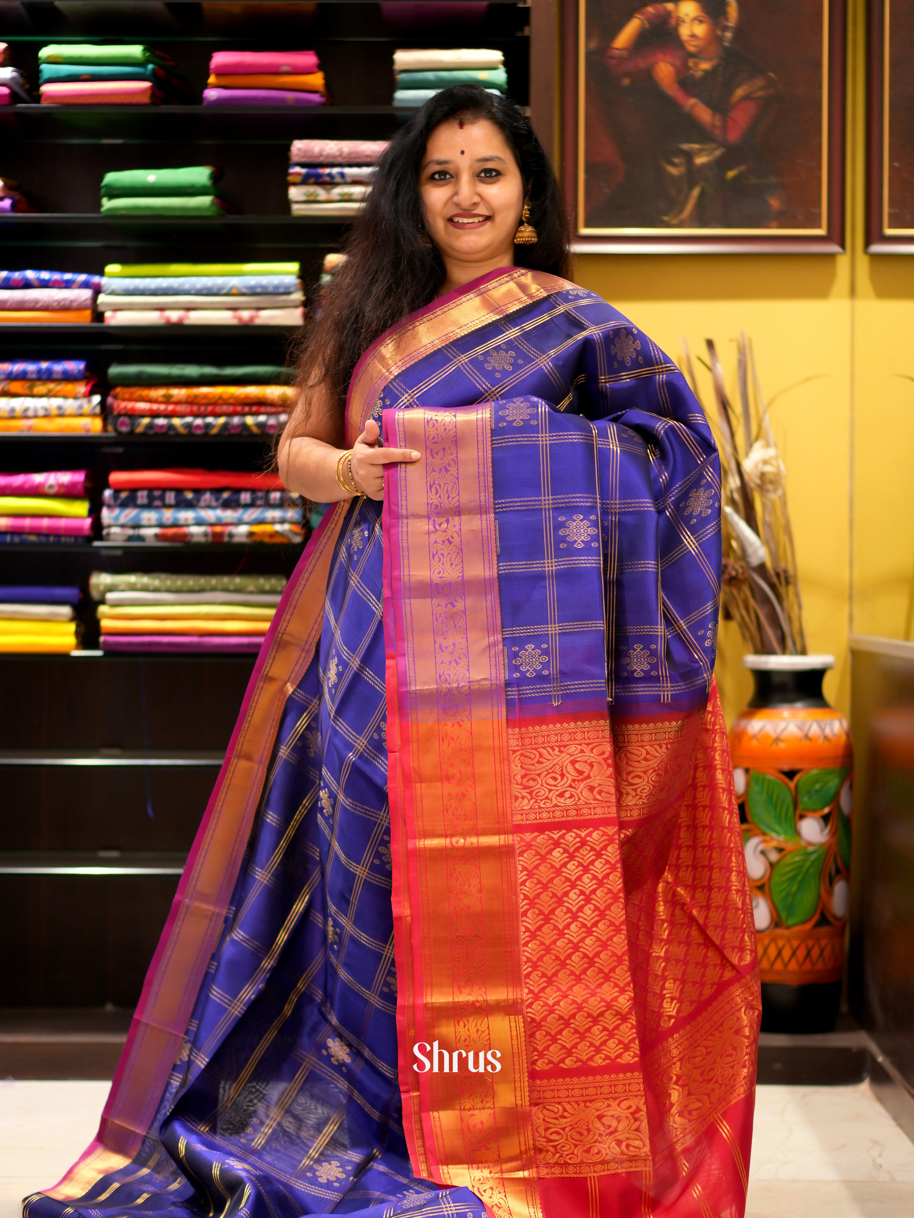 Blue & Red - Silk Cotton Saree - Shop on ShrusEternity.com