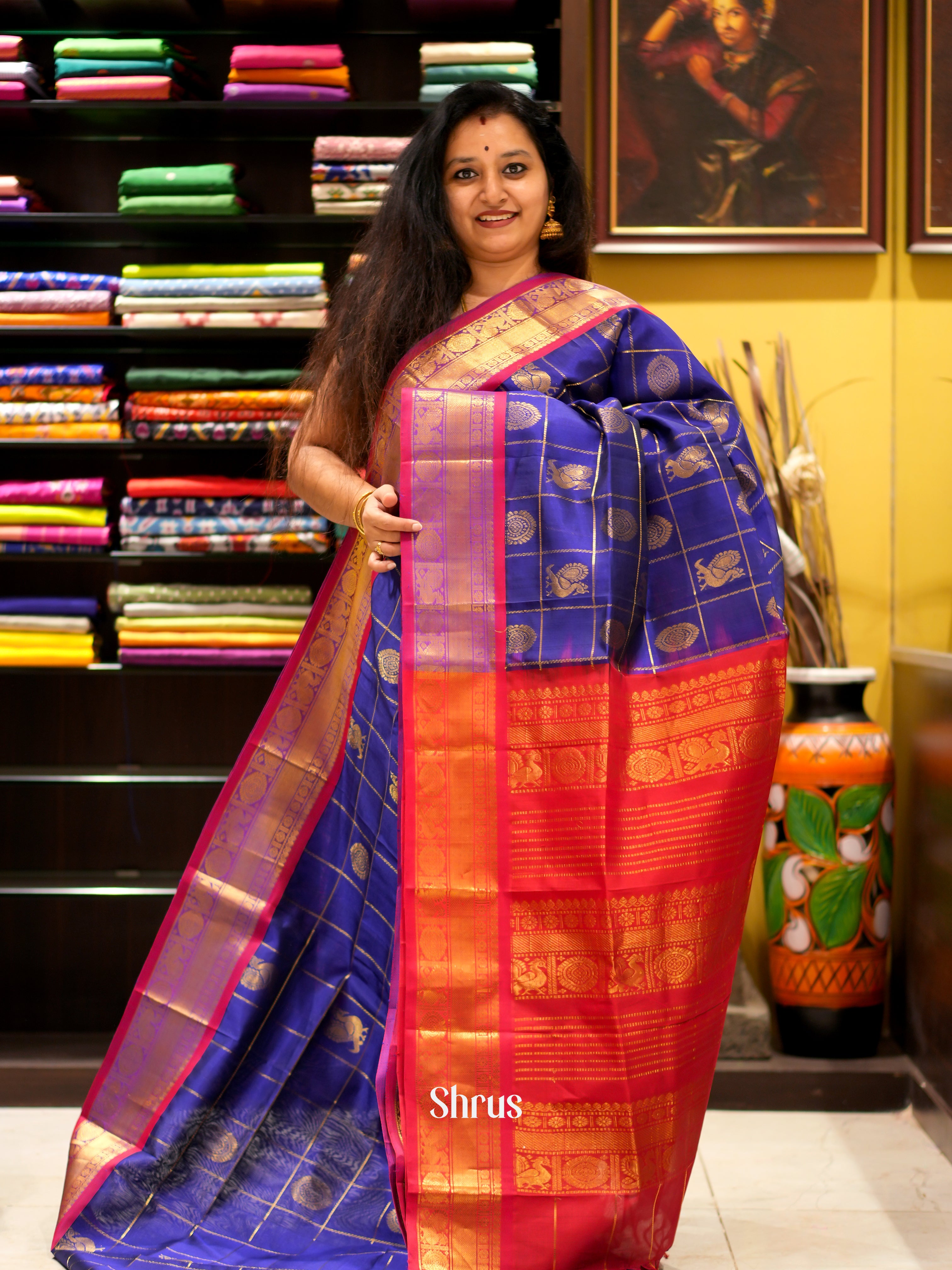 Blue & Red- Silk Cotton Saree - Shop on ShrusEternity.com