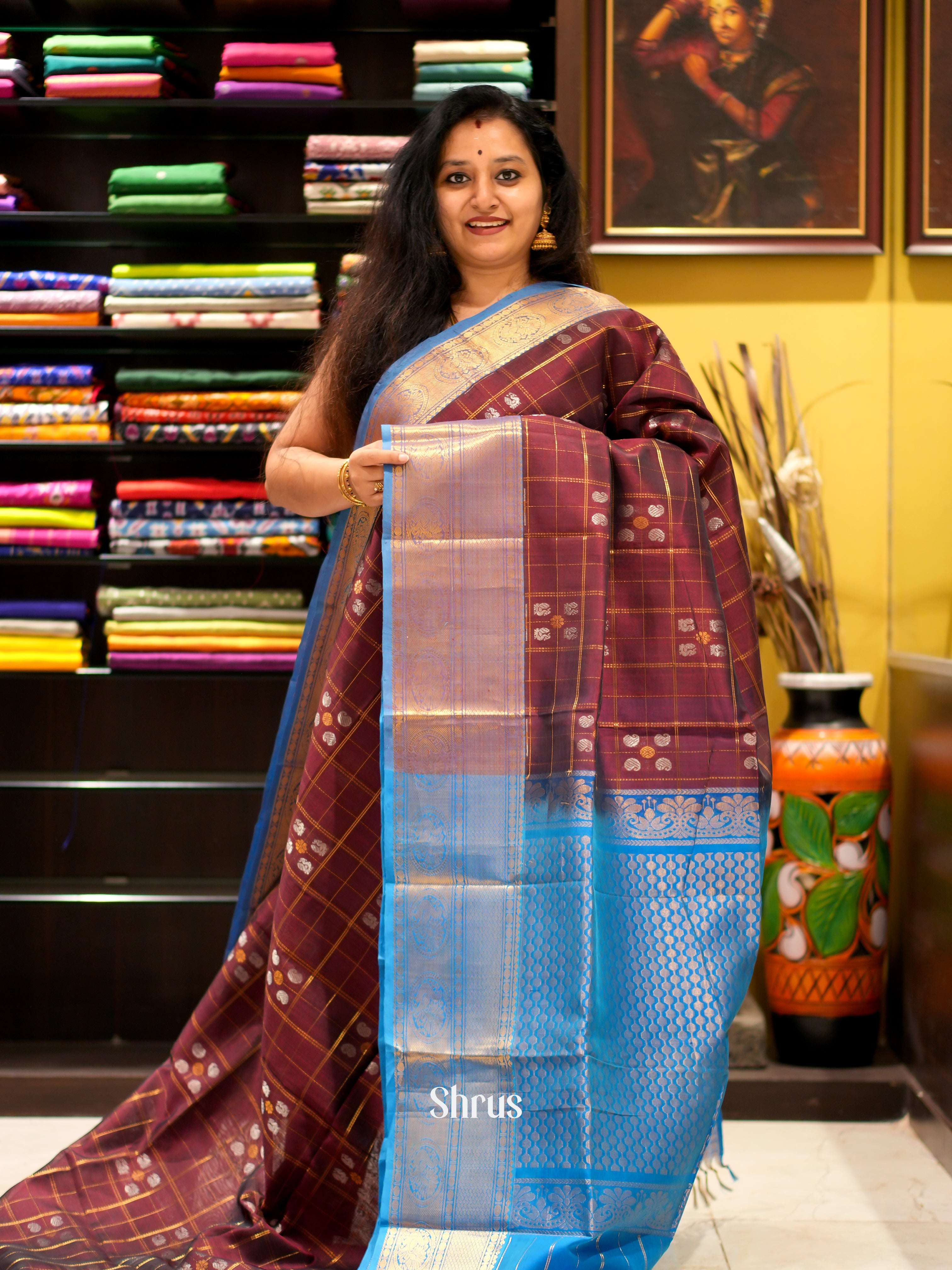Brown & Blue - Silk Cotton Saree - Shop on ShrusEternity.com