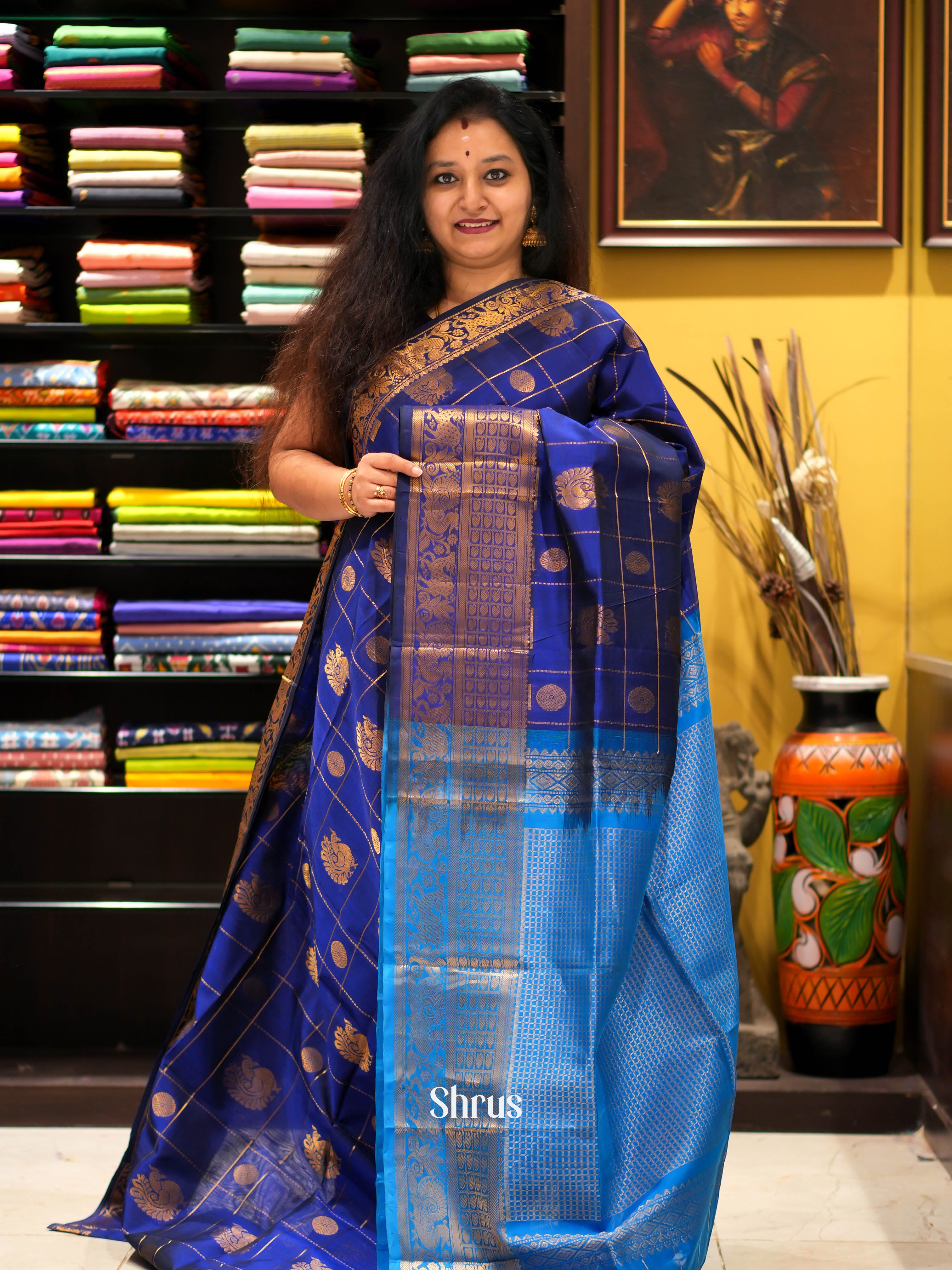 Blue & Teal - Silk Cotton Saree - Shop on ShrusEternity.com