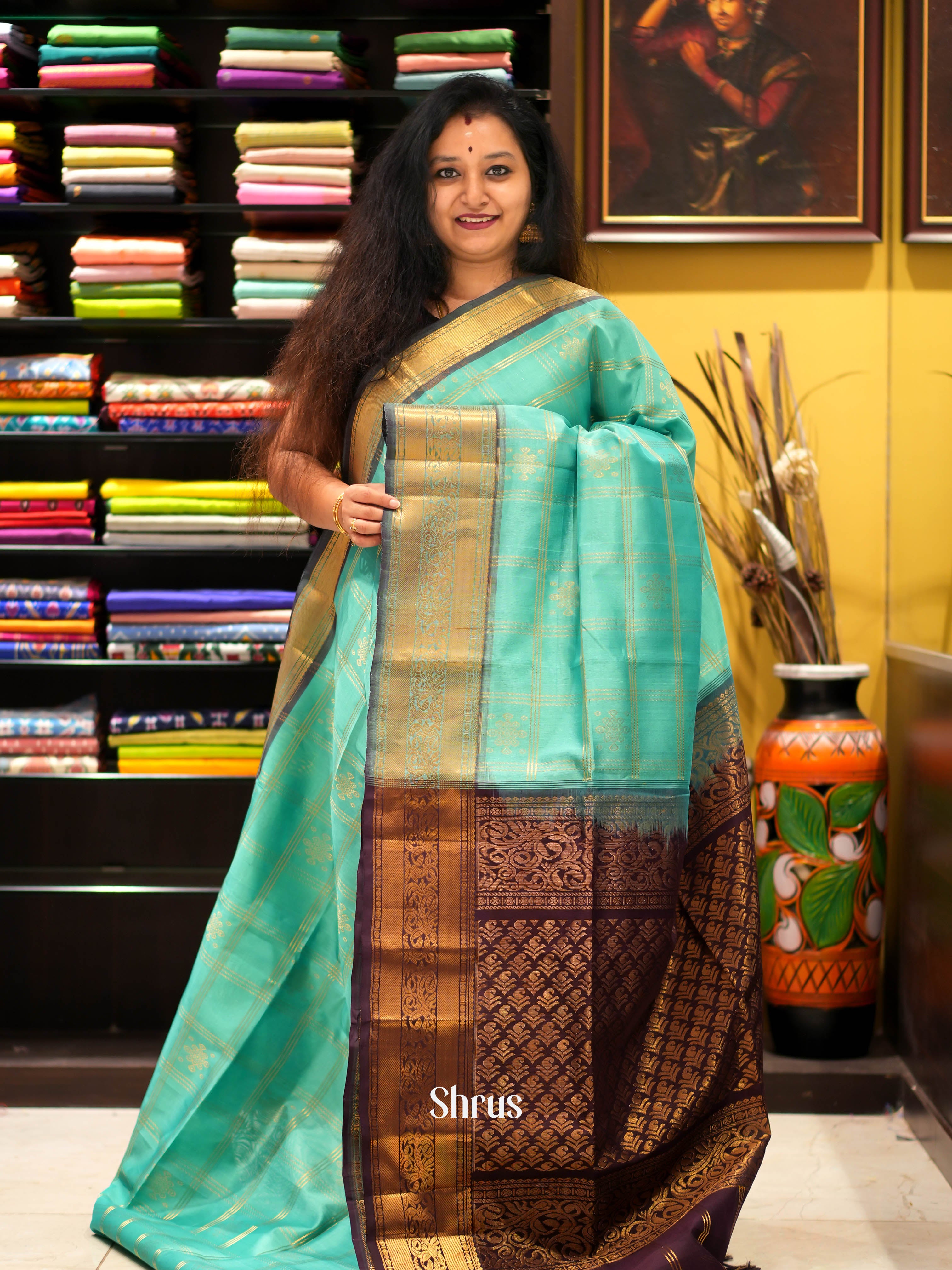 Teal & Brown - Silk Cotton Saree - Shop on ShrusEternity.com