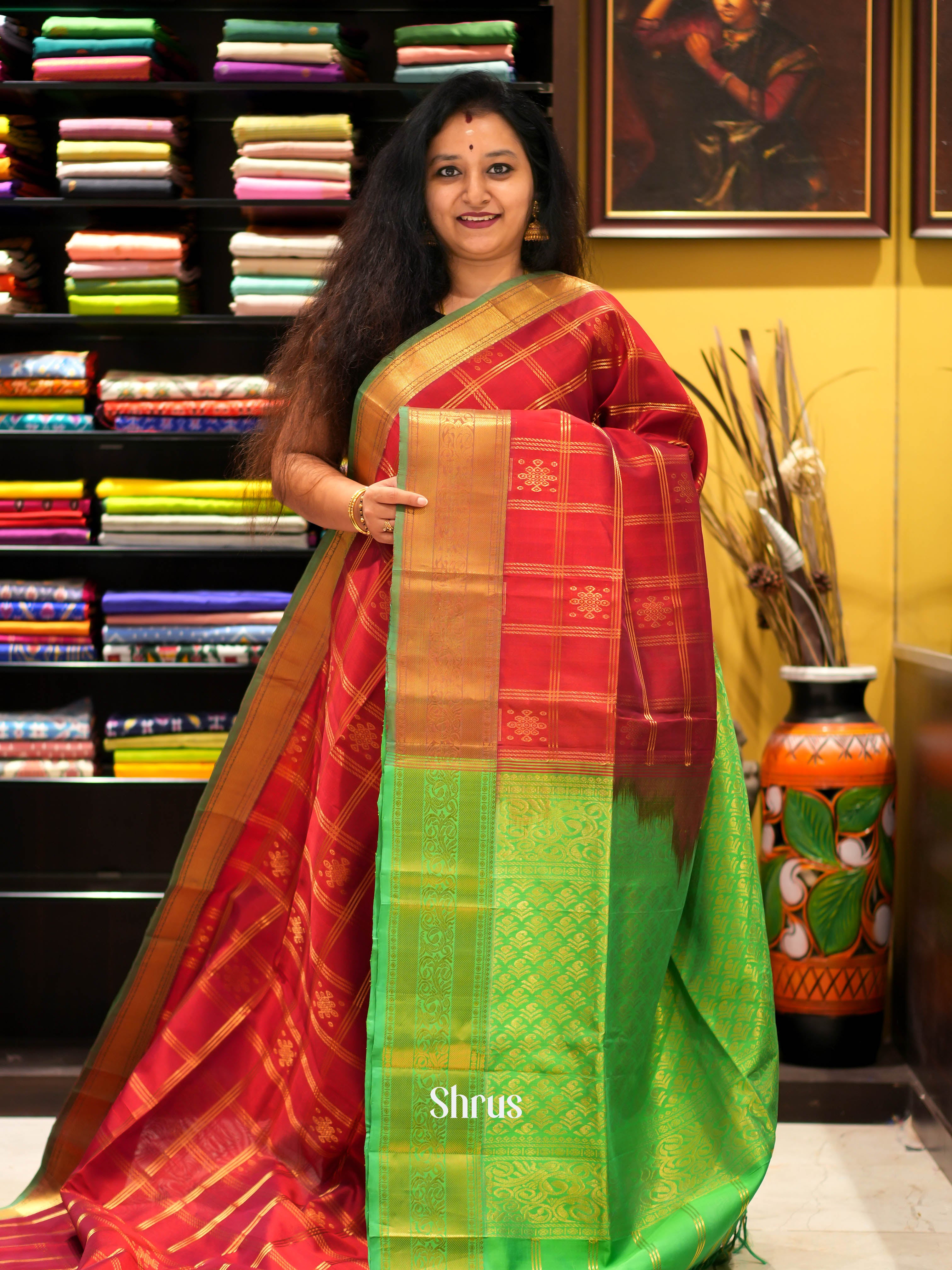 Red & Green - Silk Cotton Saree - Shop on ShrusEternity.com