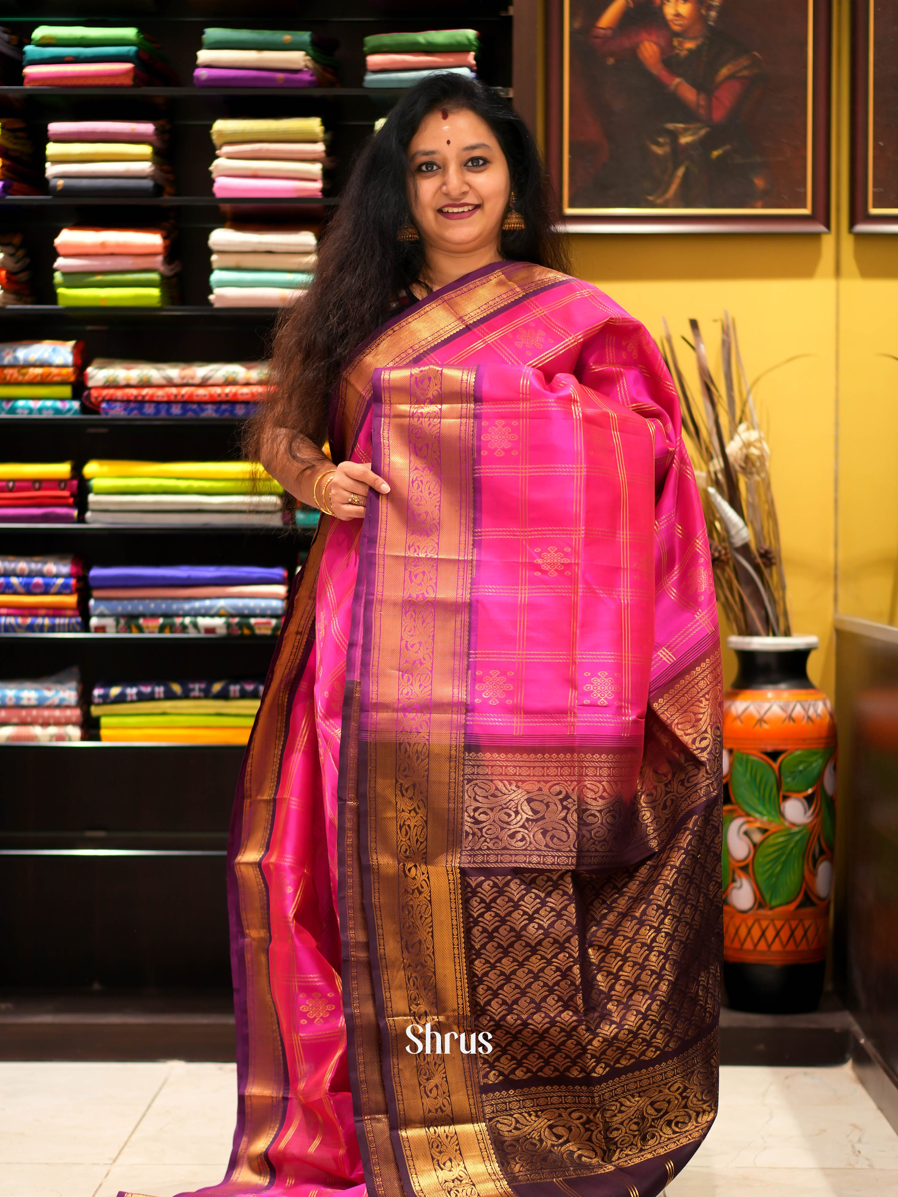 Pink & Brown - Silk Cotton Saree - Shop on ShrusEternity.com