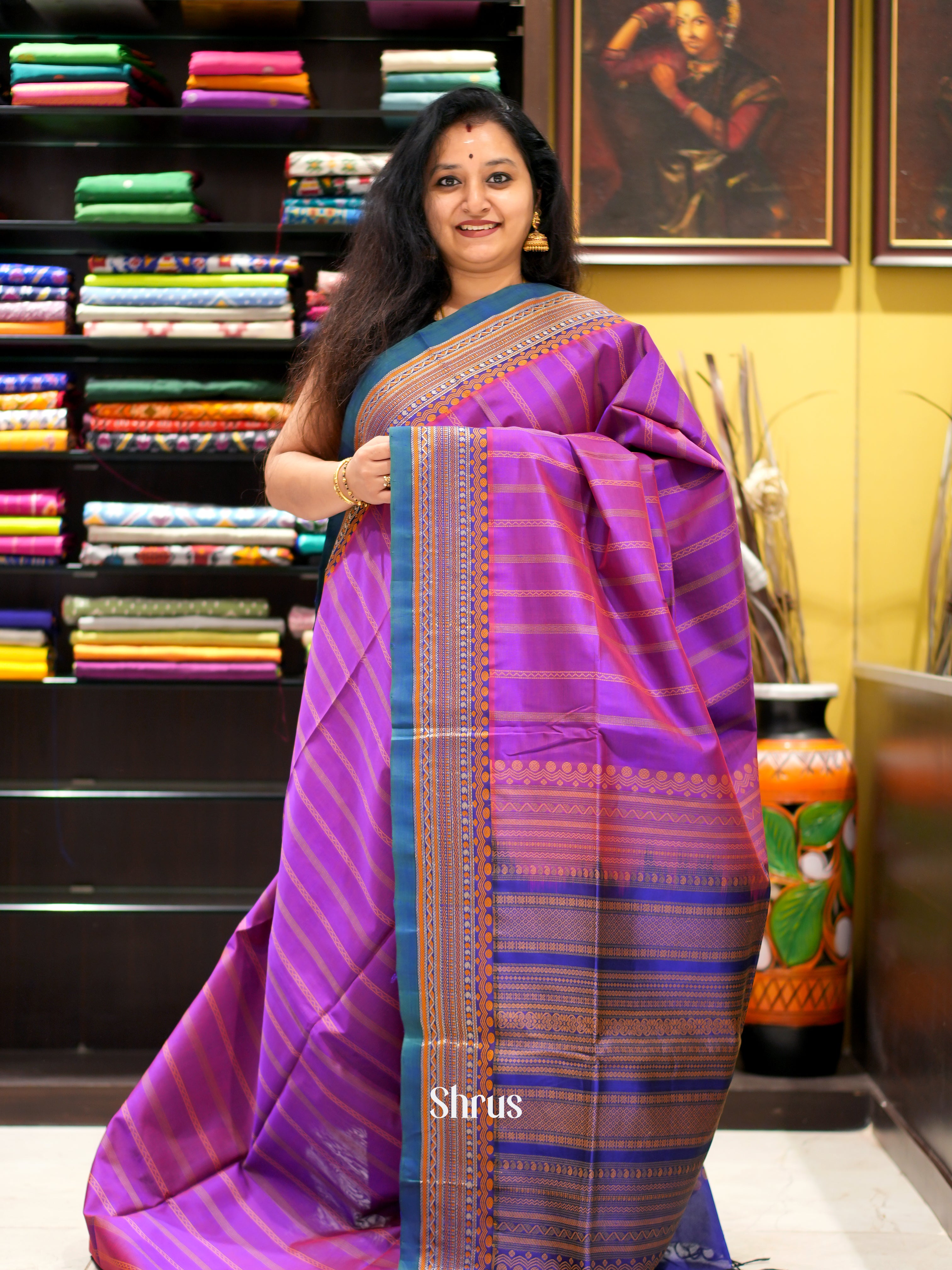 Purple & Blue - Silk Cotton Saree - Shop on ShrusEternity.com