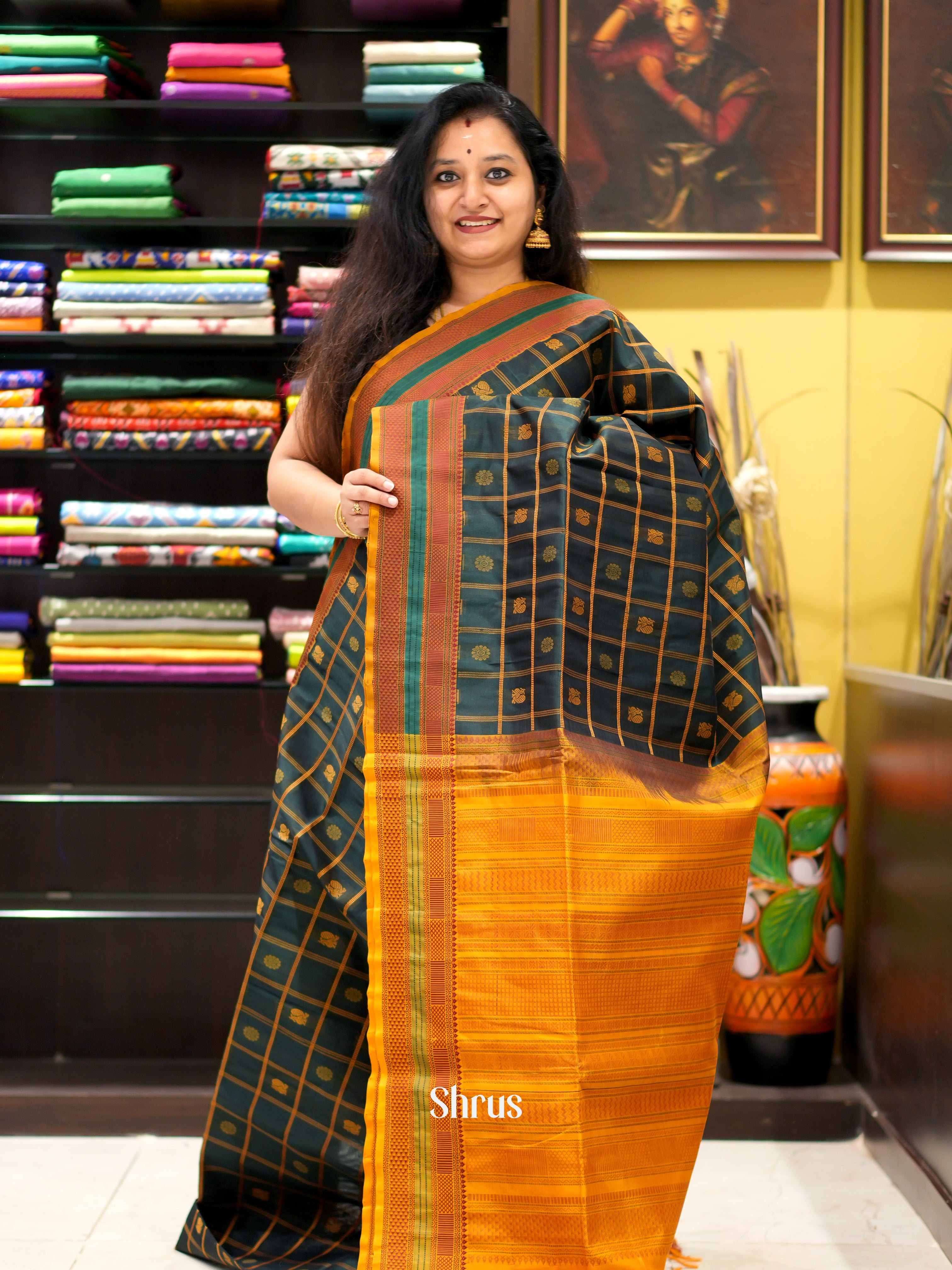 Dark Green & Mustard - Silk Cotton Saree - Shop on ShrusEternity.com