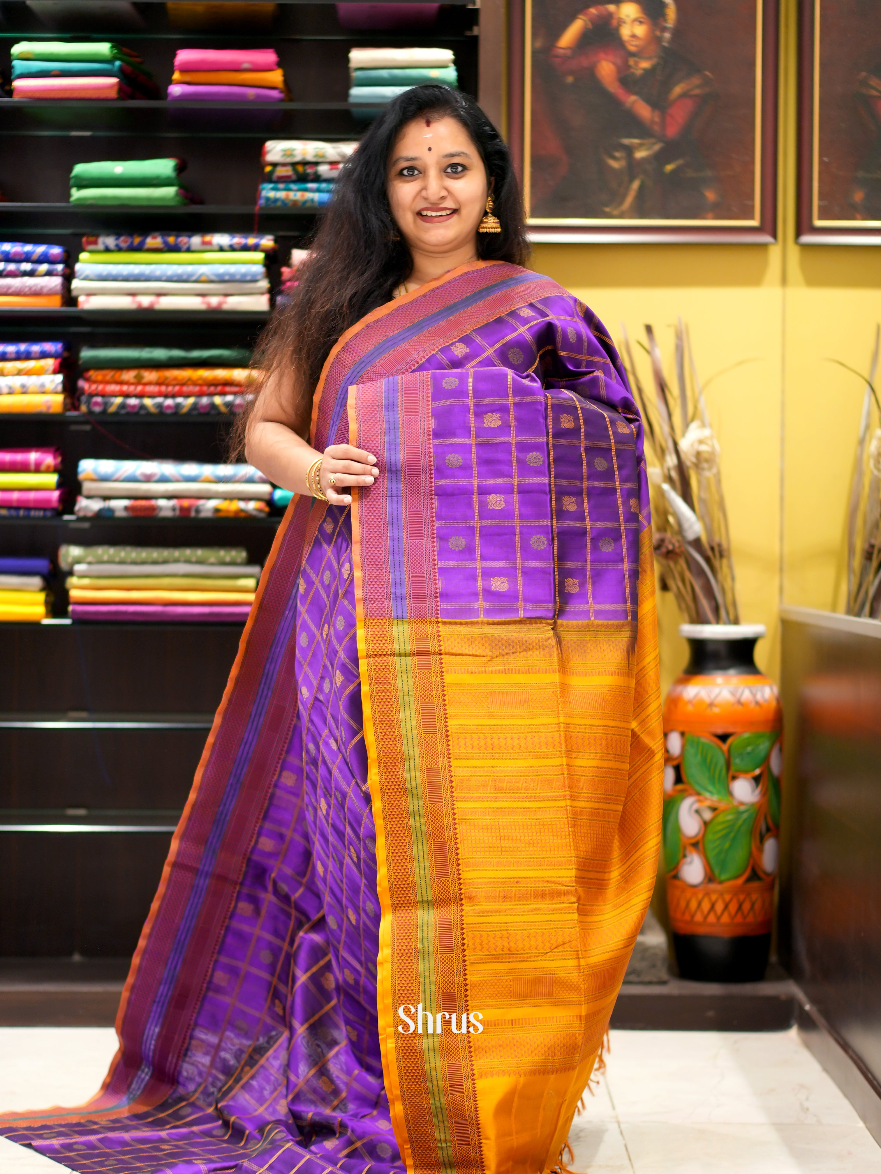 Purple & Mustard - Silk Cotton Saree - Shop on ShrusEternity.com