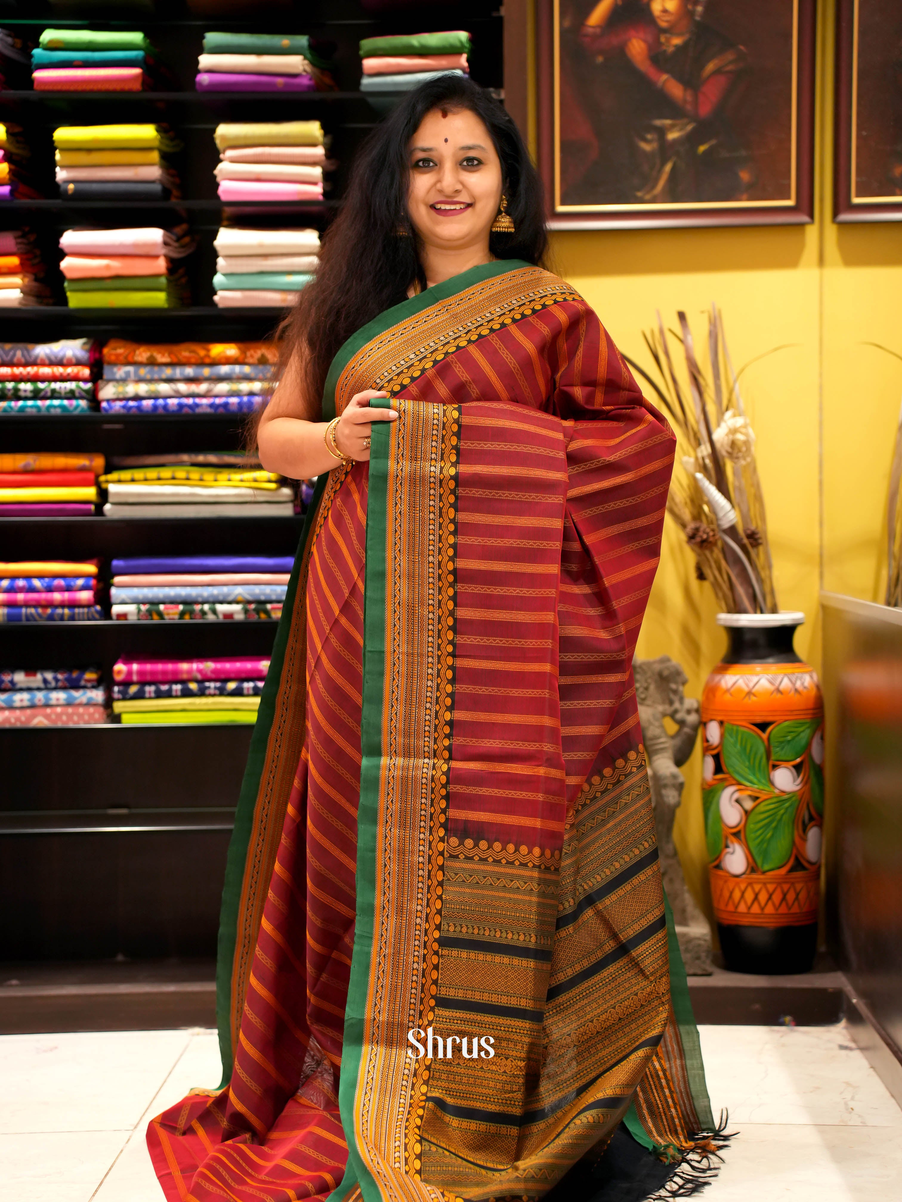 Maroon & Green - Silk Cotton Saree - Shop on ShrusEternity.com