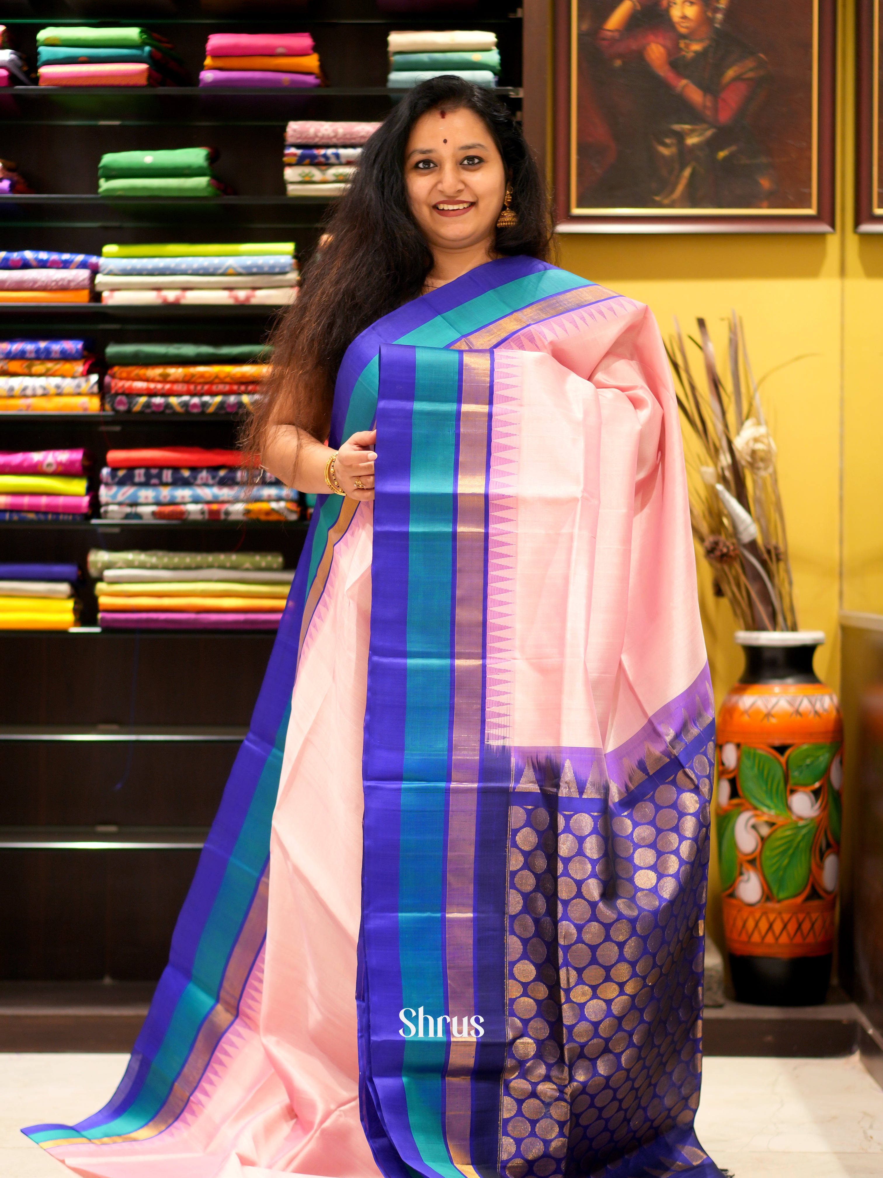 Pink & Blue - Silk Cotton Saree - Shop on ShrusEternity.com
