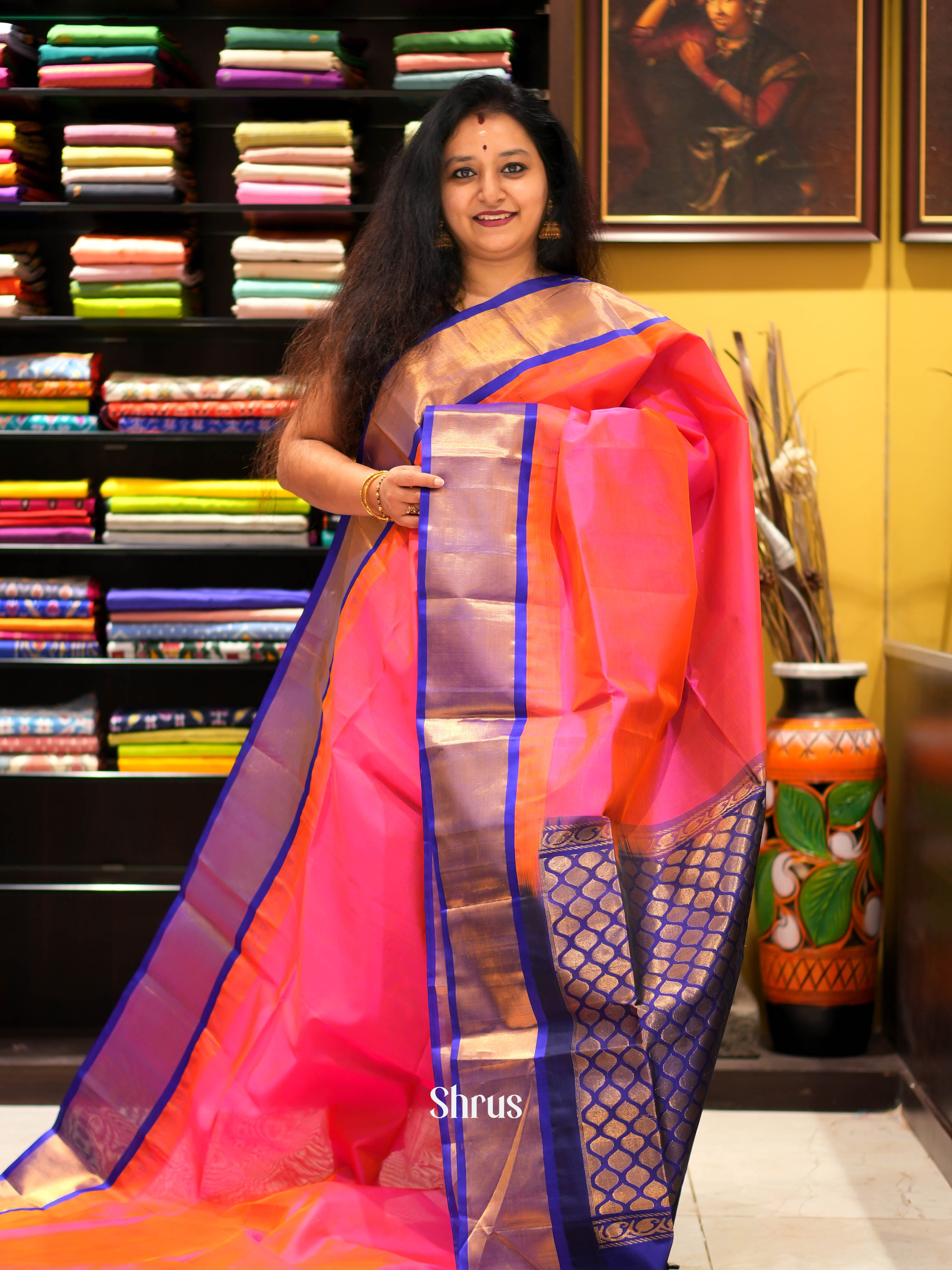 Pink & Blue - Silk Cotton Saree - Shop on ShrusEternity.com