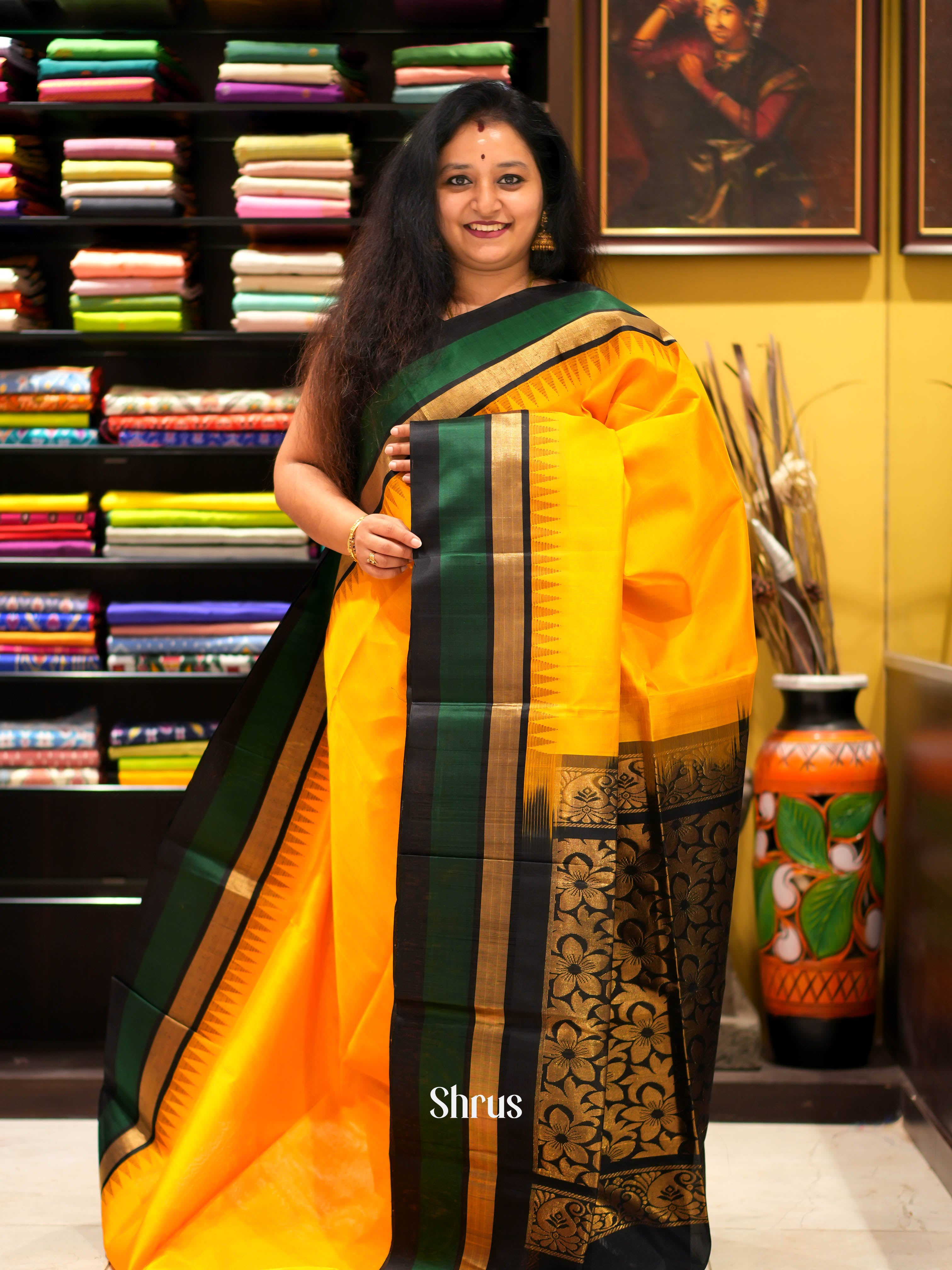 Yellow & Black - Silk Cotton Saree - Shop on ShrusEternity.com