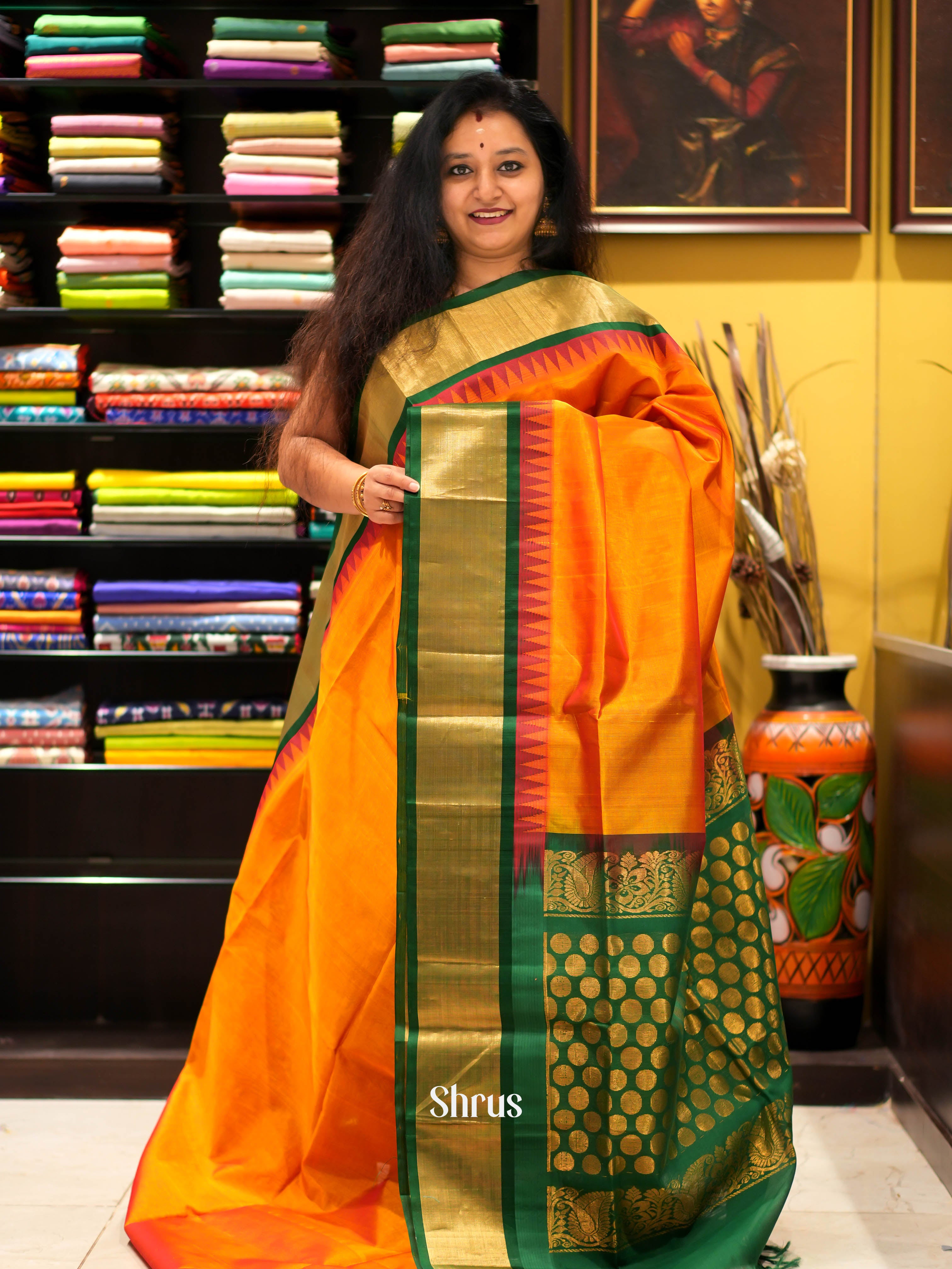 Orange & Green - Silk Cotton Saree - Shop on ShrusEternity.com
