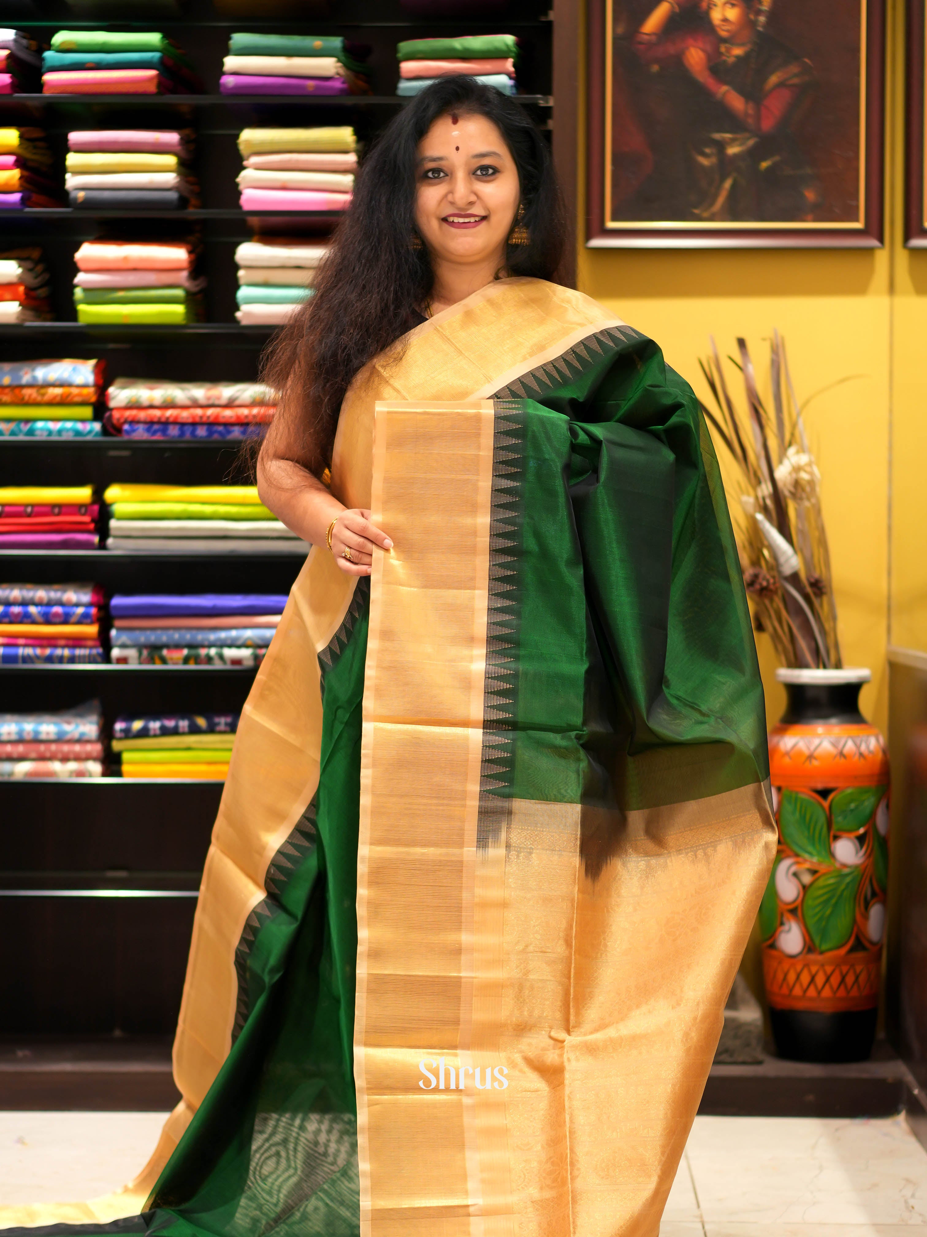 Green & Cream - Silk Cotton Saree - Shop on ShrusEternity.com
