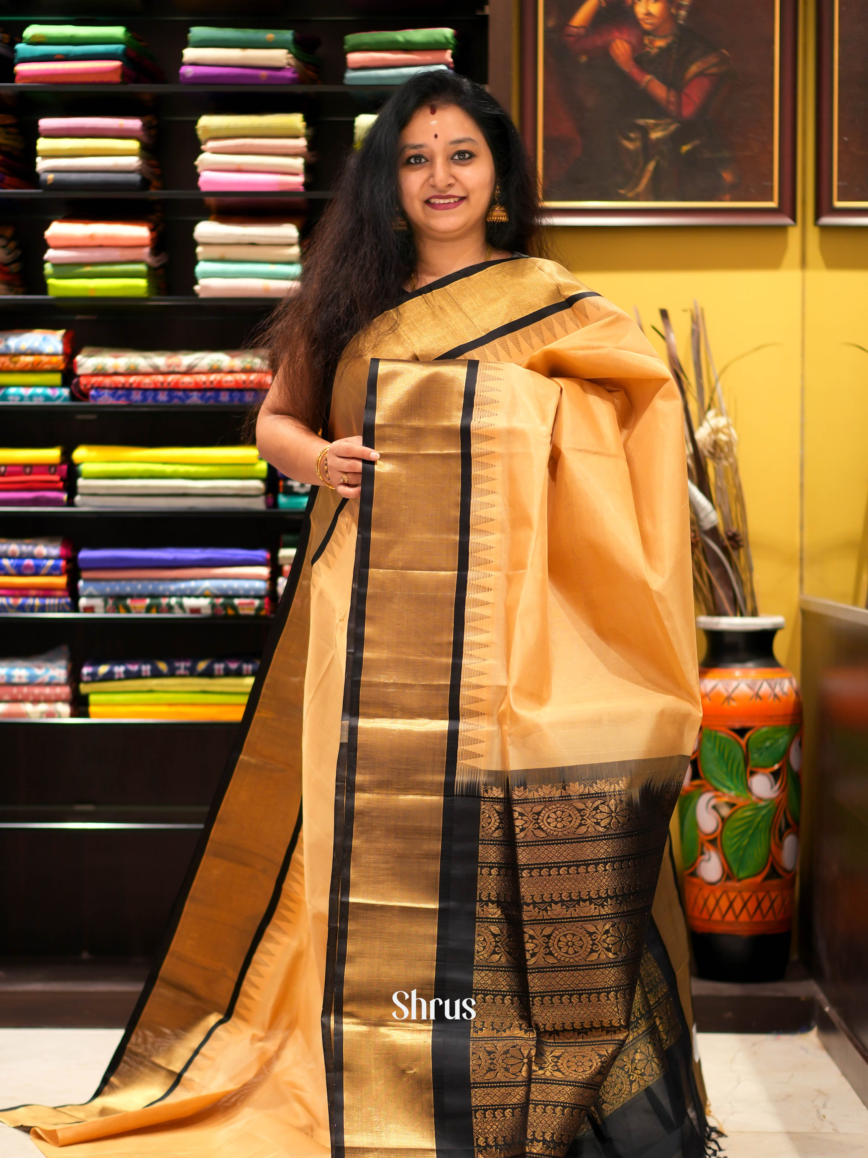 Sandal & Black - Silk Cotton Saree - Shop on ShrusEternity.com