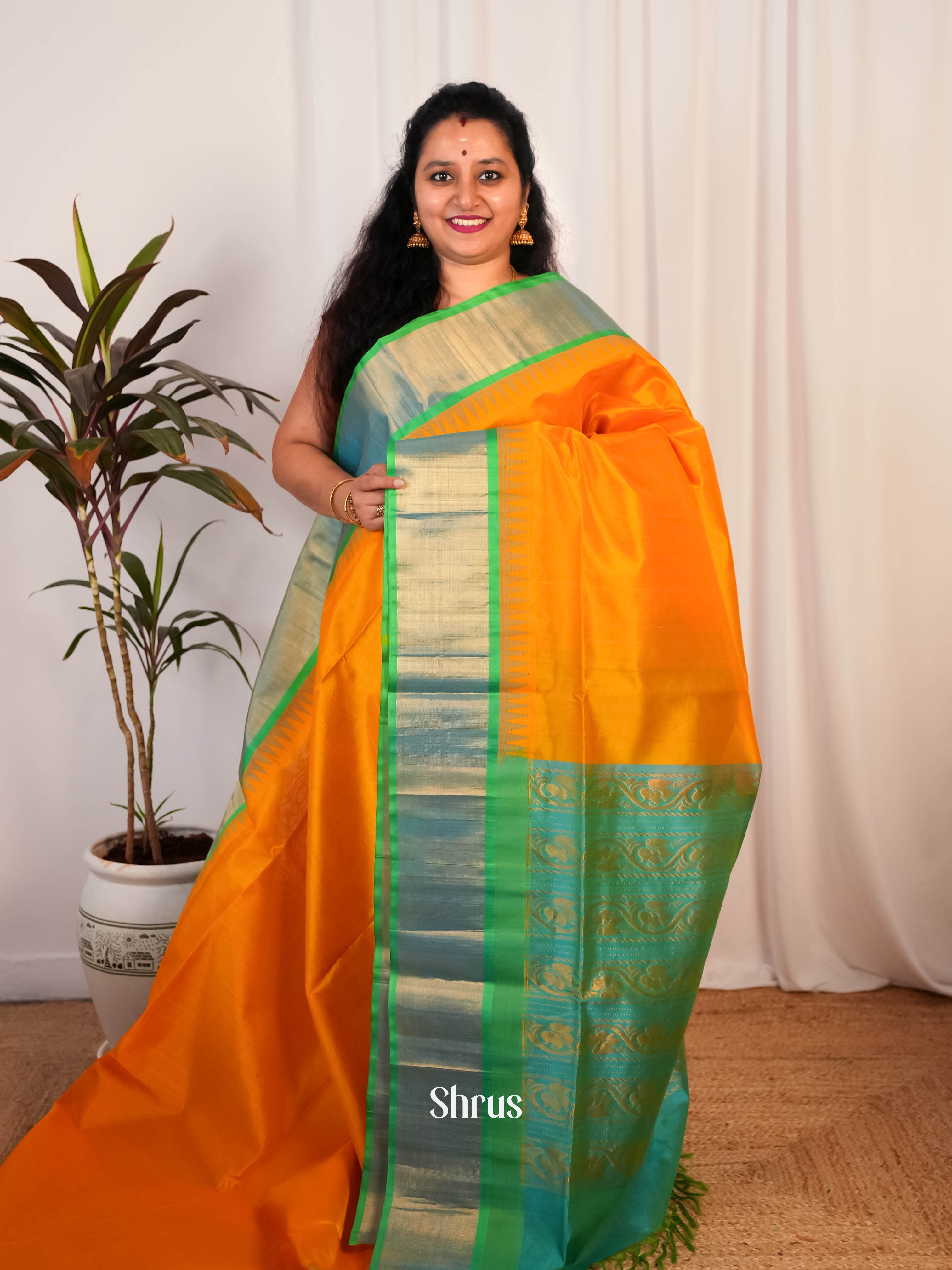 Orange & Green -Silk Cotton Saree - Shop on ShrusEternity.com