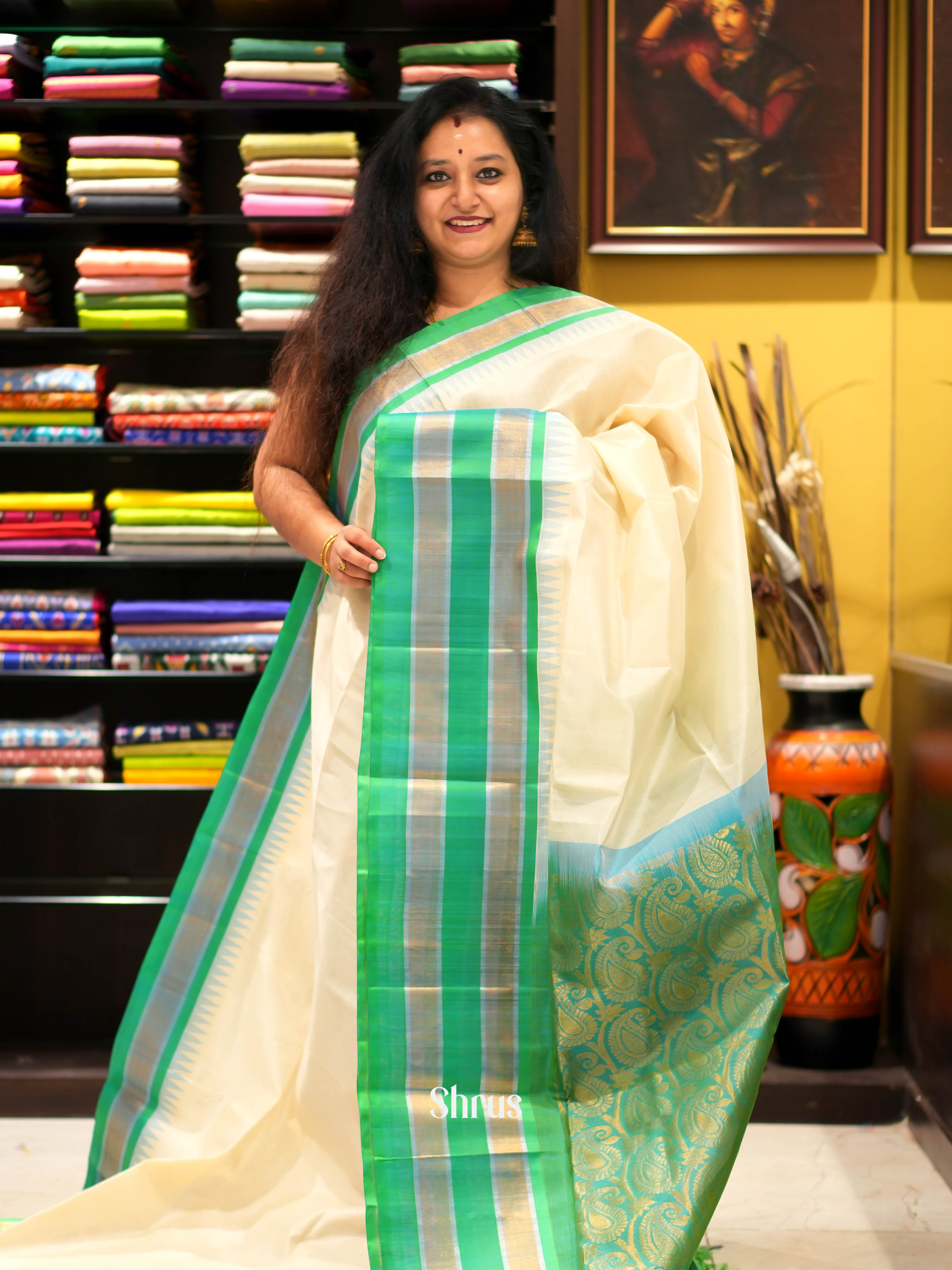 Cream & Green - Silk Cotton Saree - Shop on ShrusEternity.com