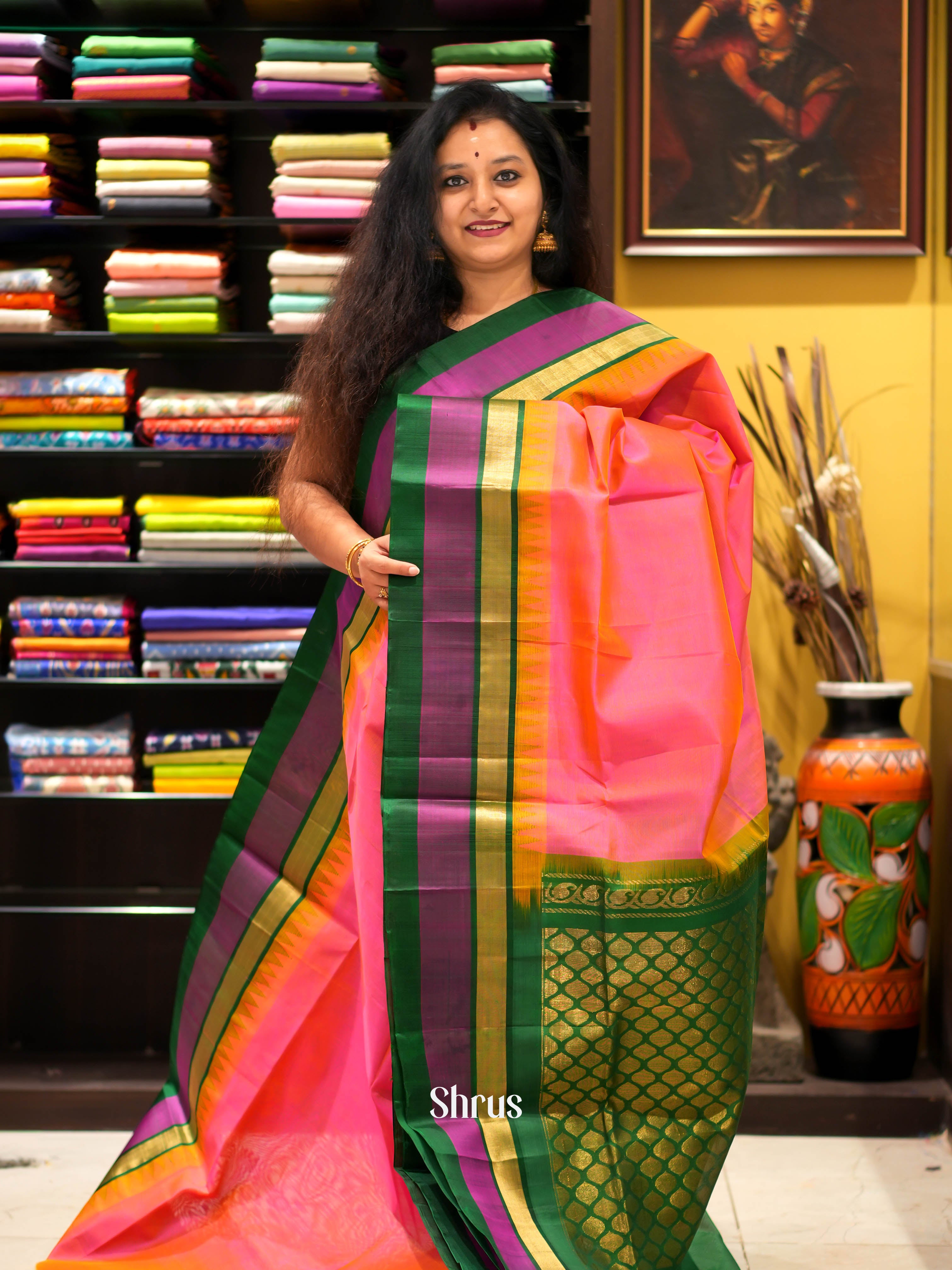 Pink & Green - Silk Cotton Saree - Shop on ShrusEternity.com