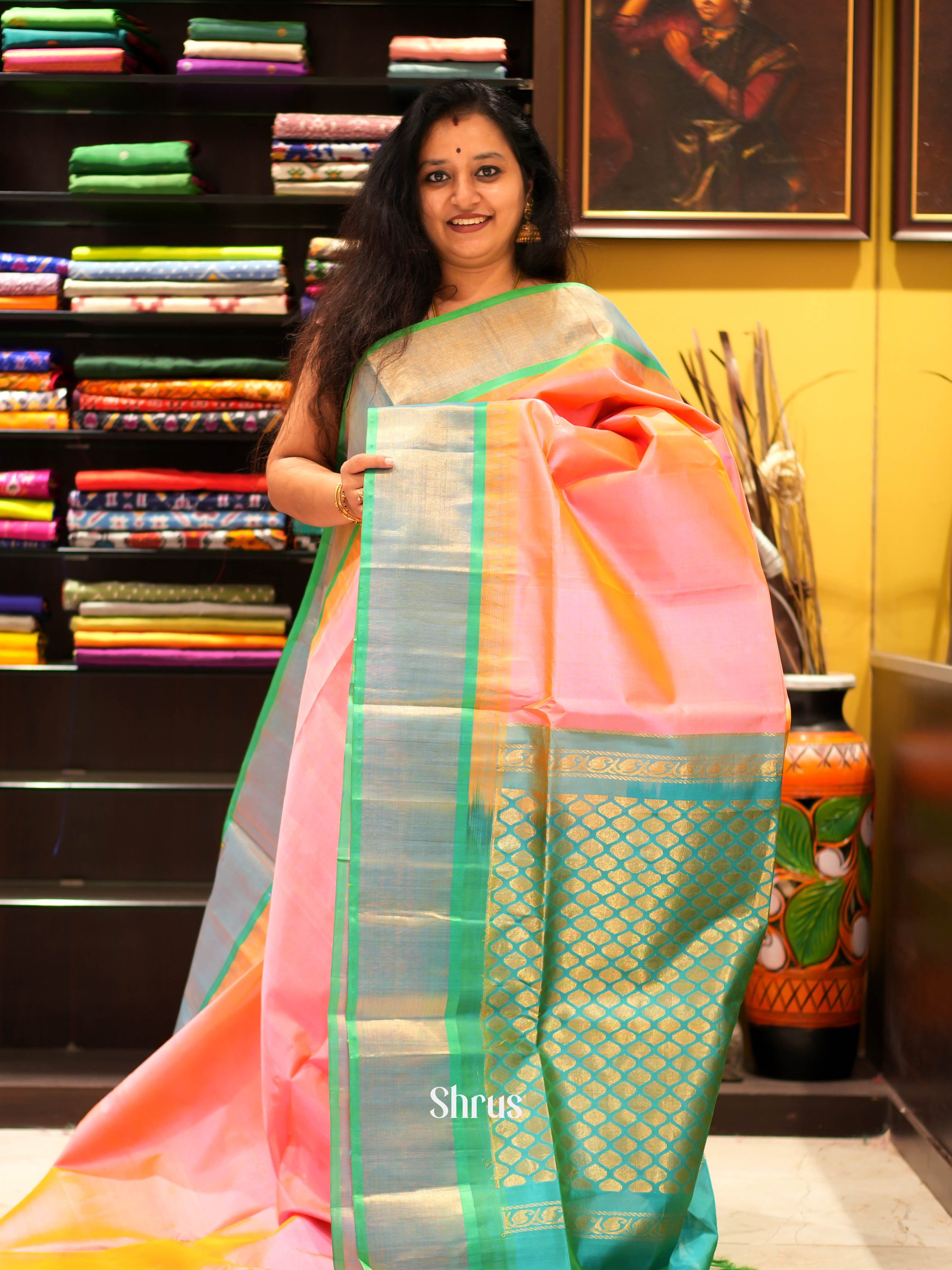 Pink & Green - Silk Cotton Saree - Shop on ShrusEternity.com