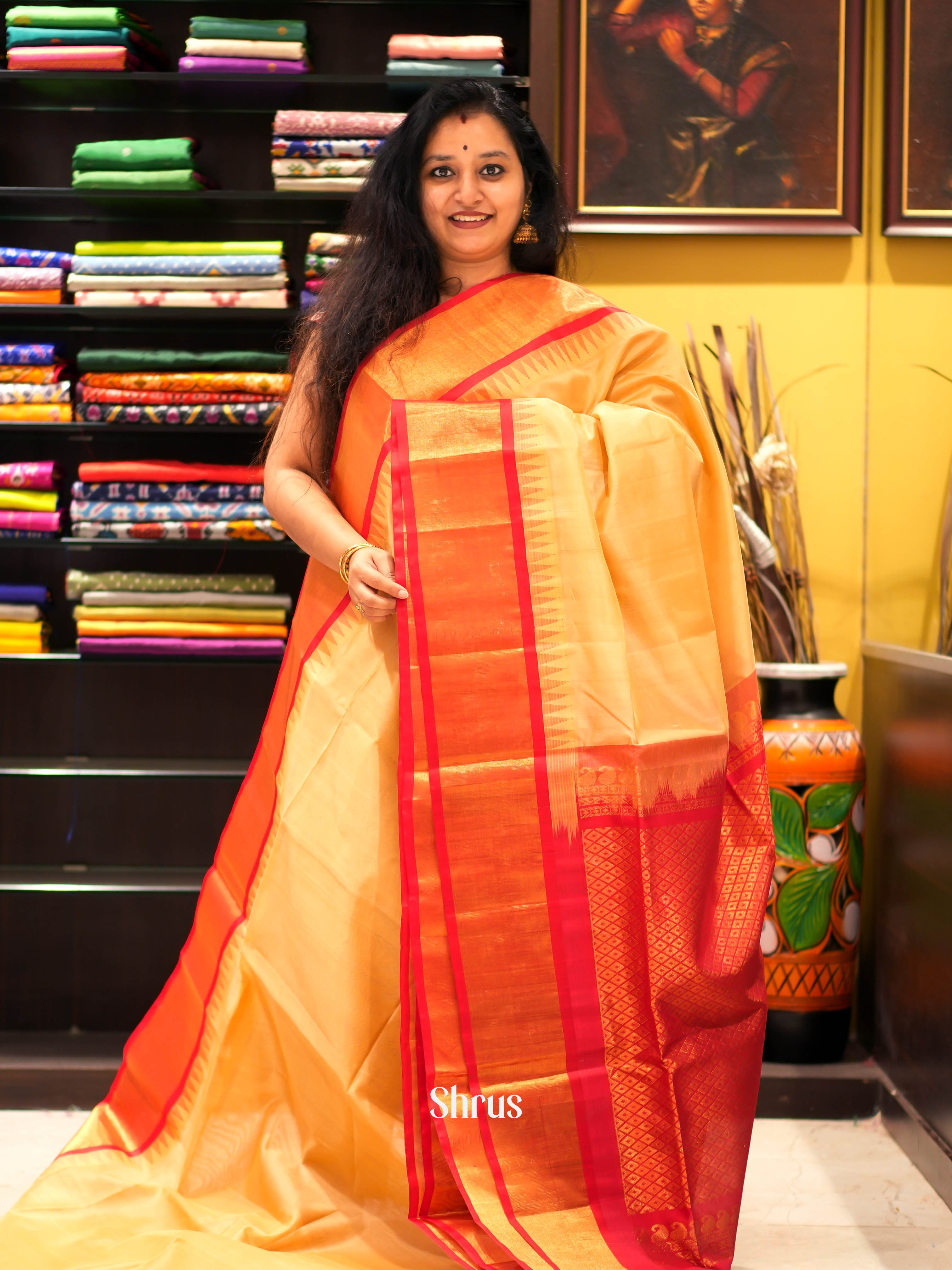 Sandal & Red - Silk Cotton Saree - Shop on ShrusEternity.com