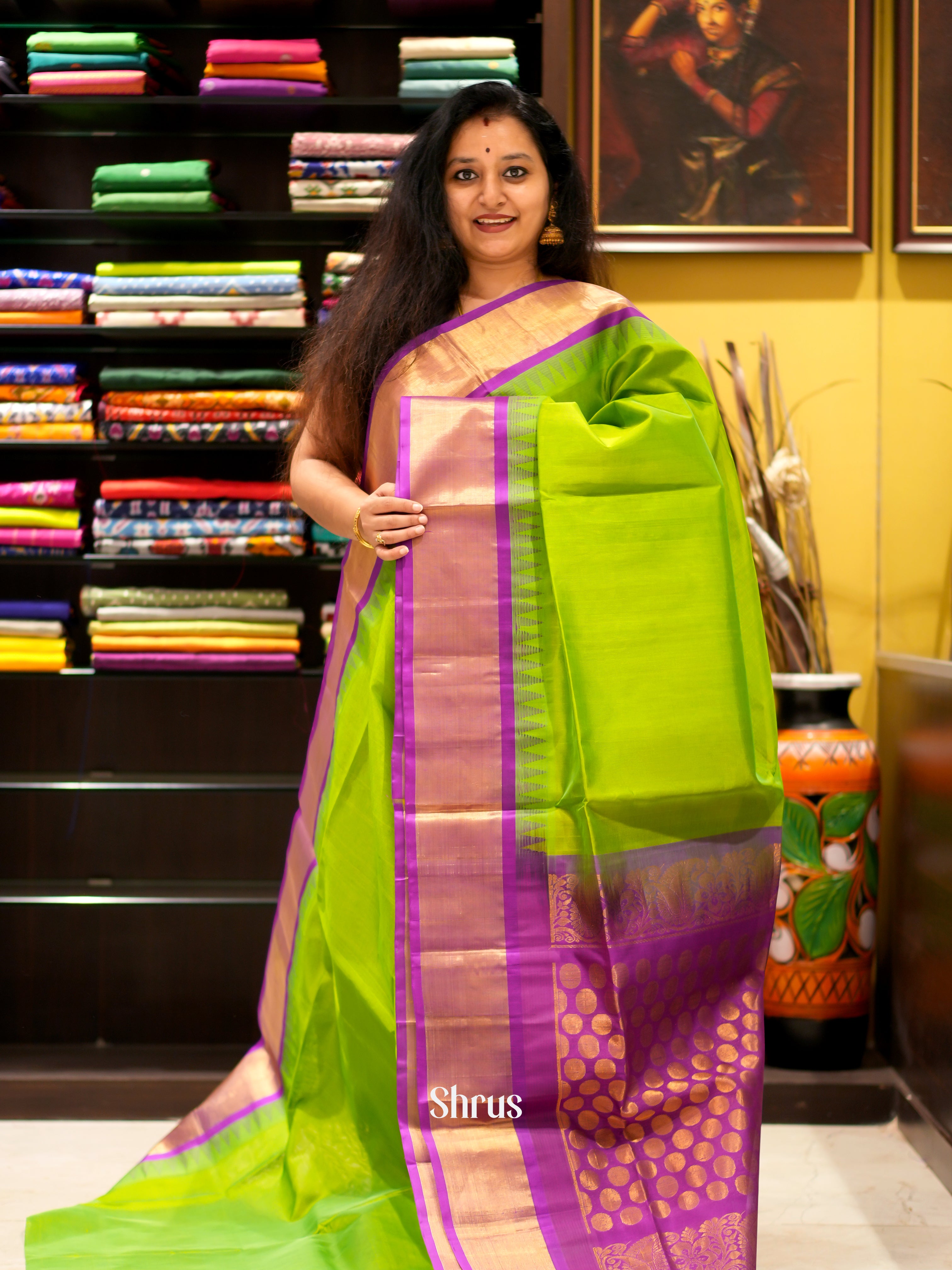 Green & Pink - Silk Cotton Saree - Shop on ShrusEternity.com