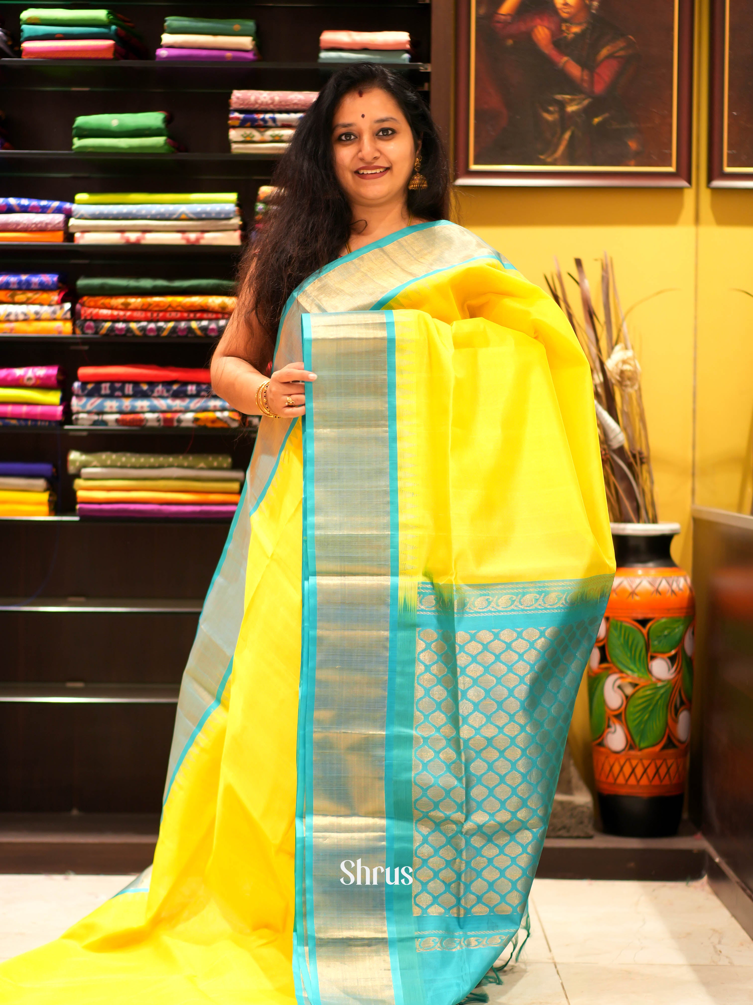 Yellow & Teal - Silk Cotton Saree - Shop on ShrusEternity.com