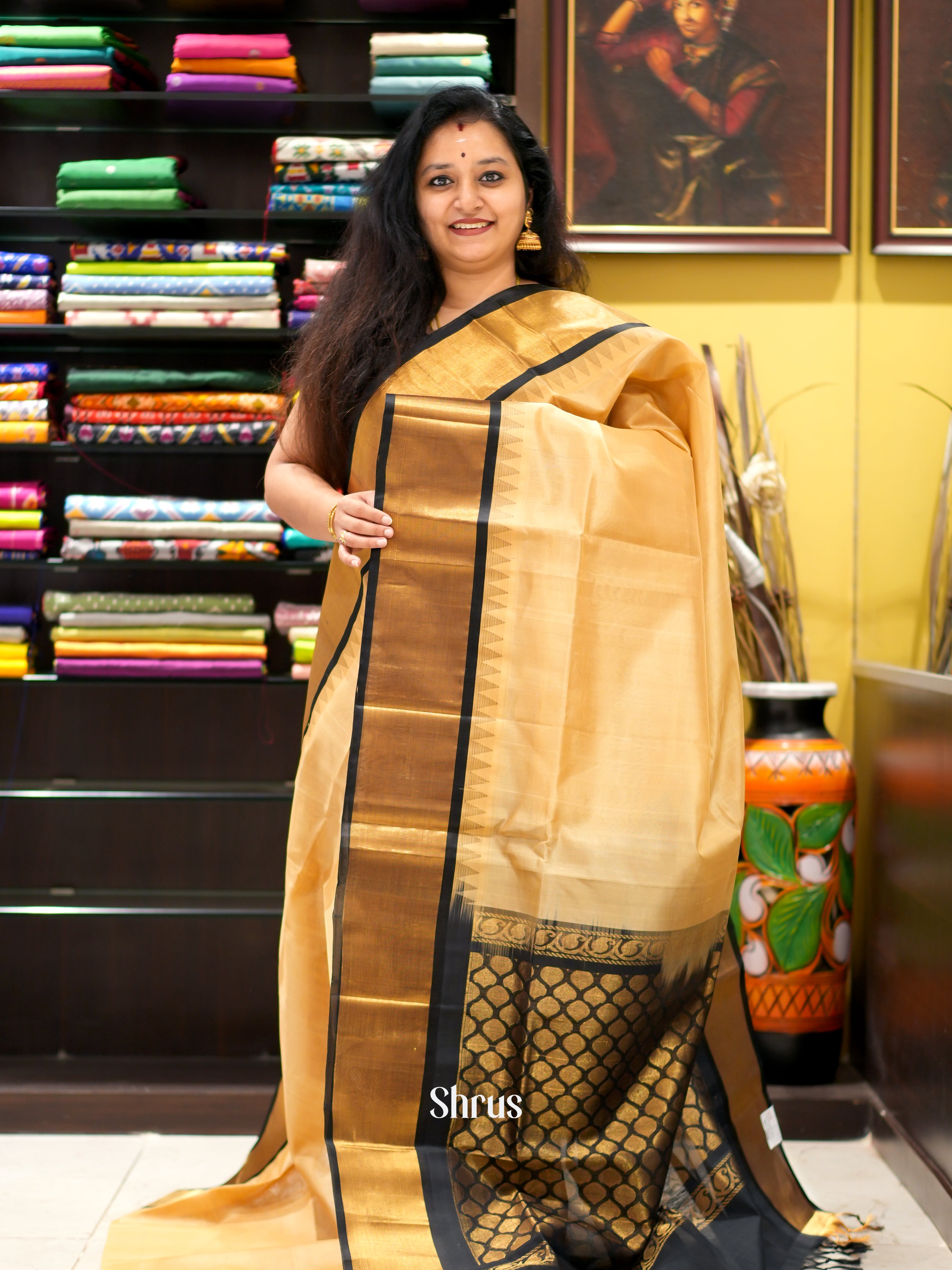 Beige & Black - Silk Cotton Saree - Shop on ShrusEternity.com