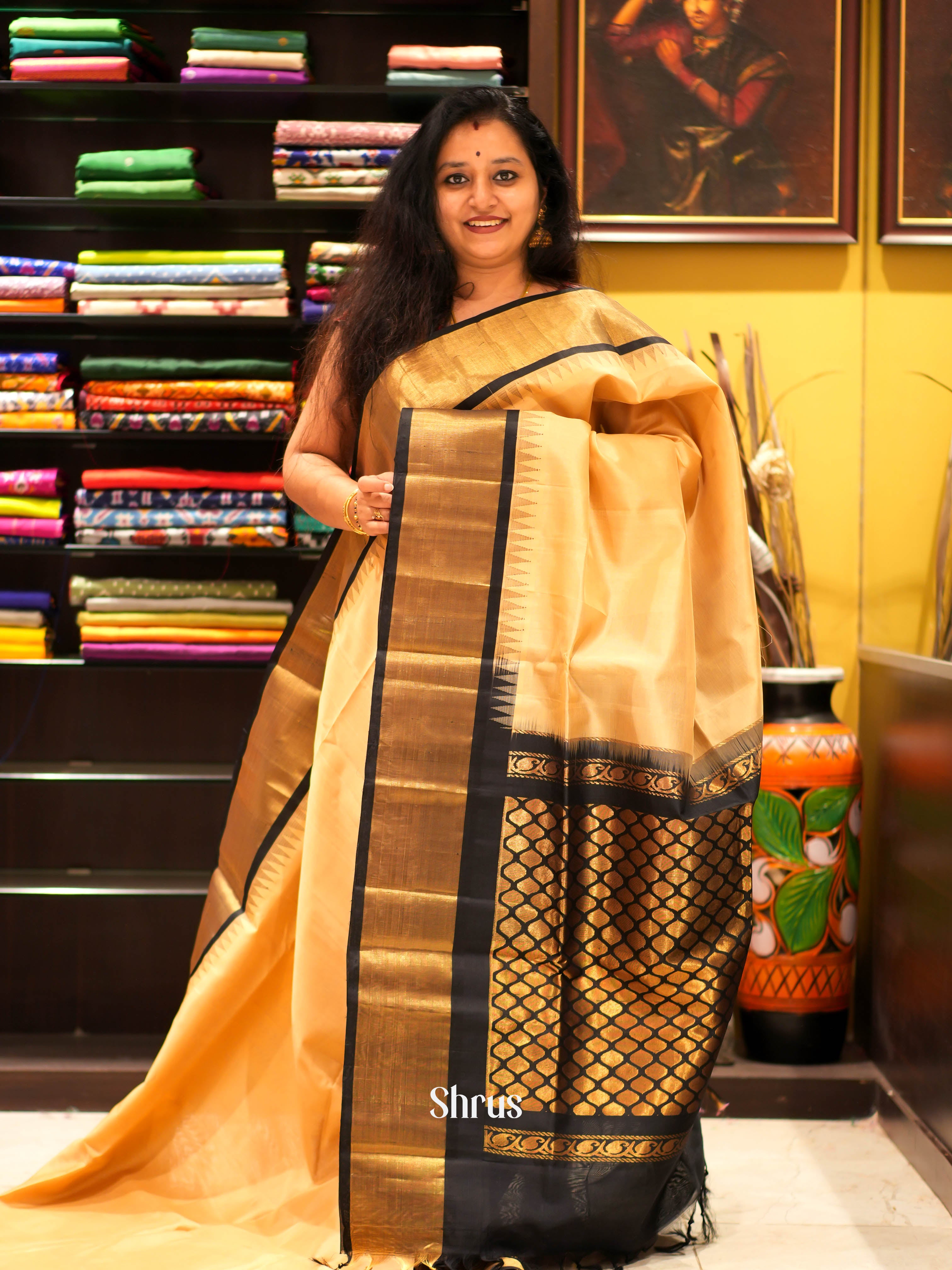 Beige & Black - Silk Cotton Saree - Shop on ShrusEternity.com