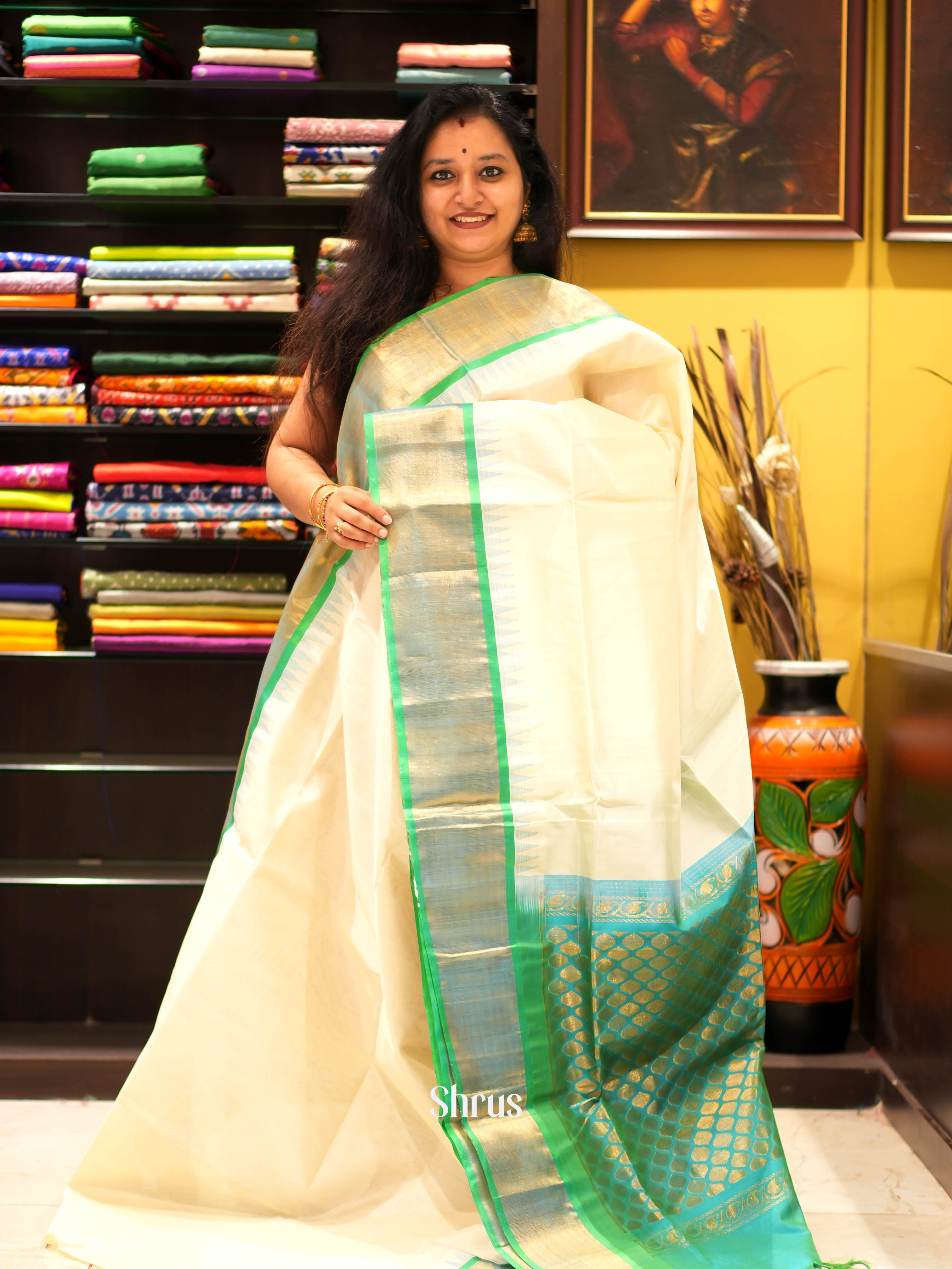 Cream & Green - Silk Cotton Saree - Shop on ShrusEternity.com