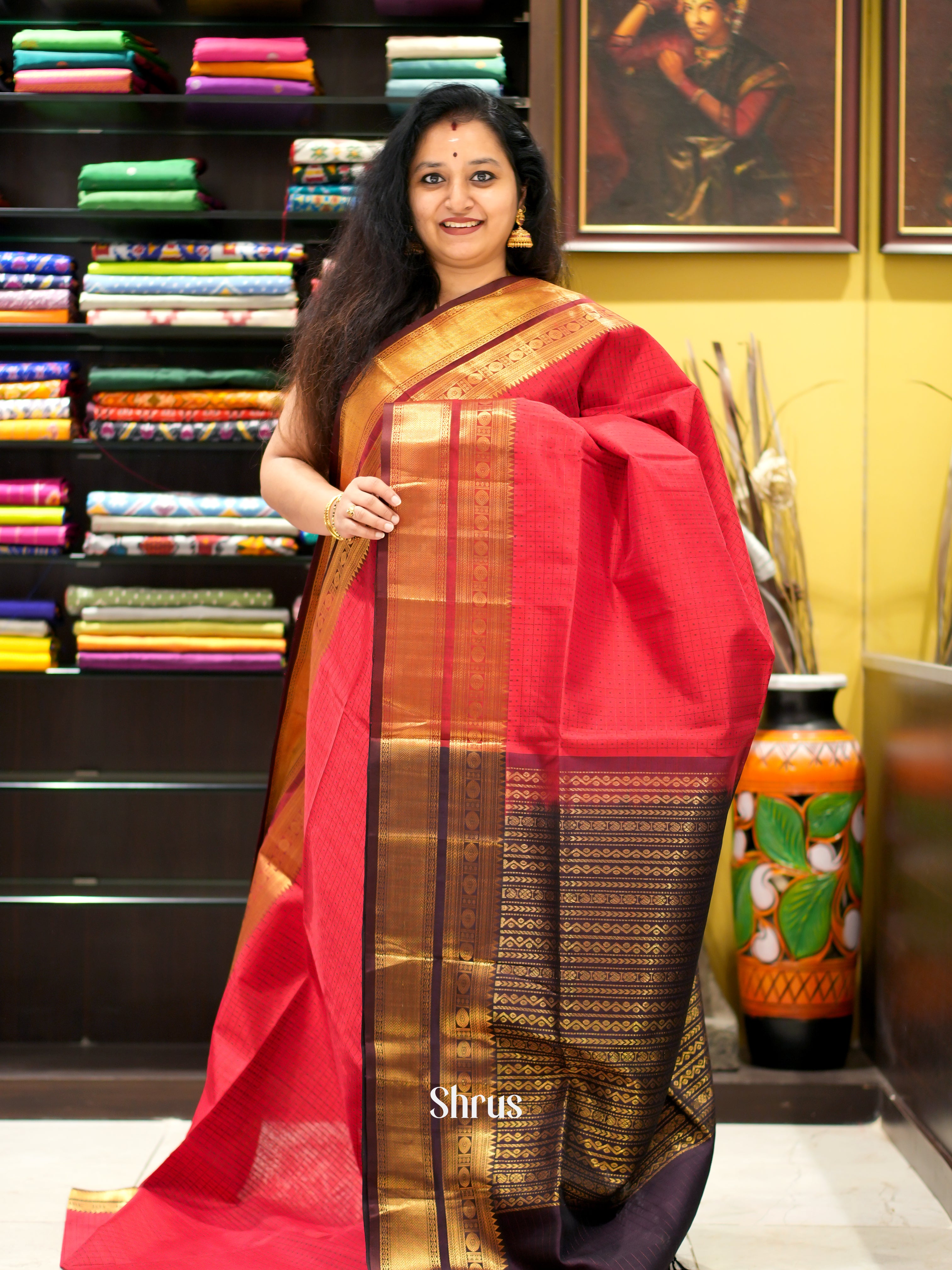 Red & Brown - Silk Cotton Saree - Shop on ShrusEternity.com