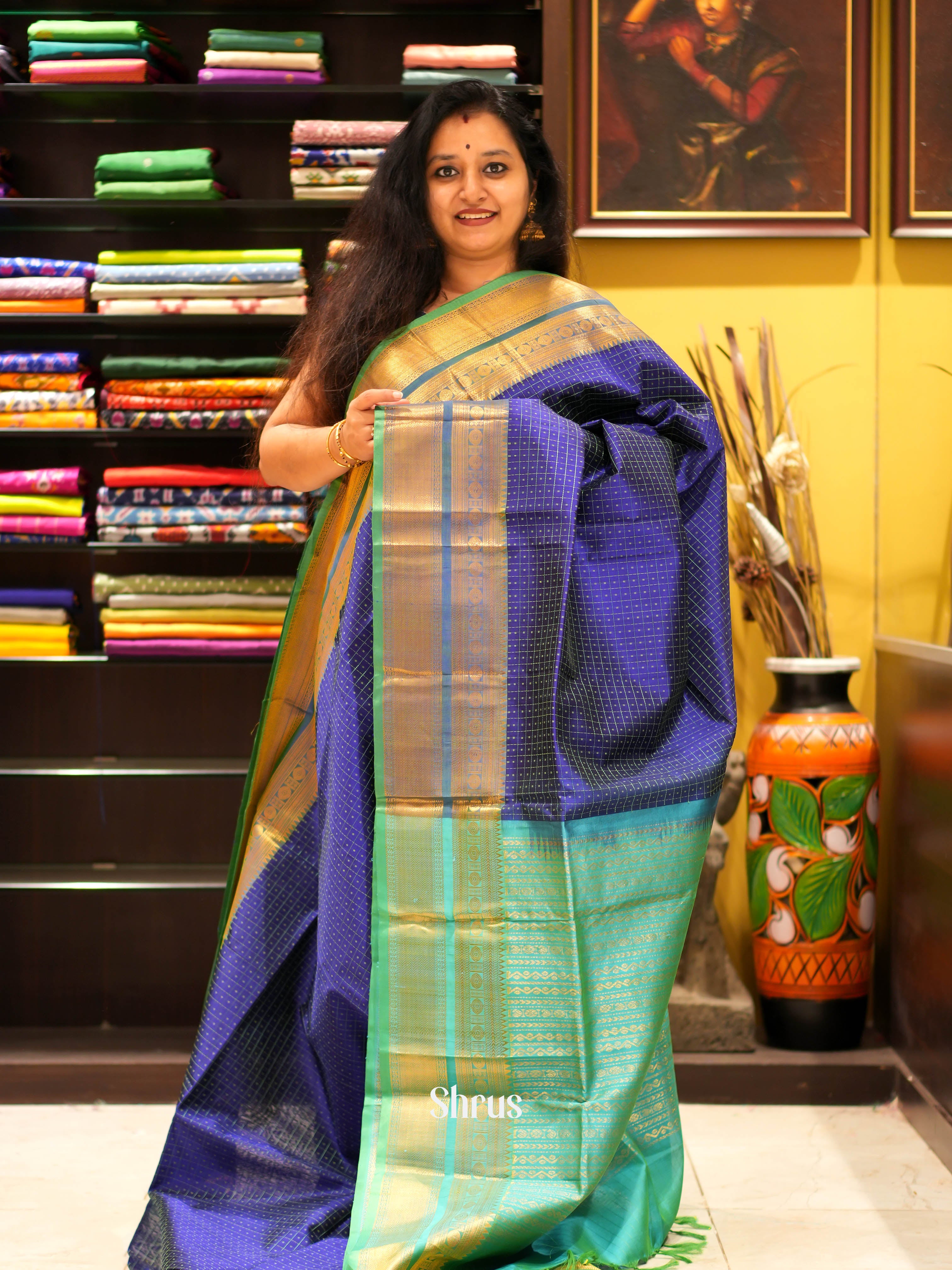 Blue & Teal - Silk Cotton Saree - Shop on ShrusEternity.com