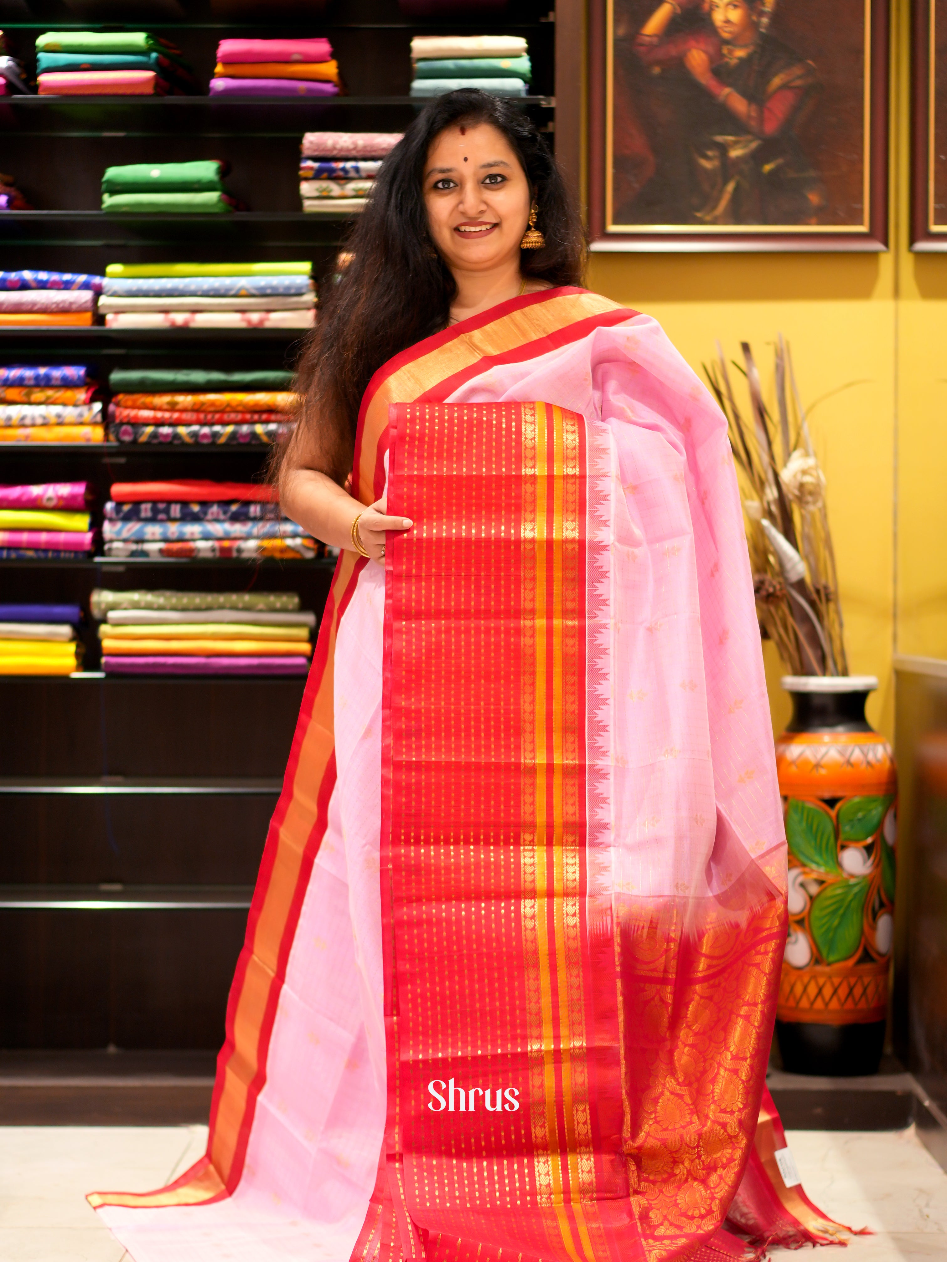 Baby Pink & Red - Silk Cotton Saree - Shop on ShrusEternity.com