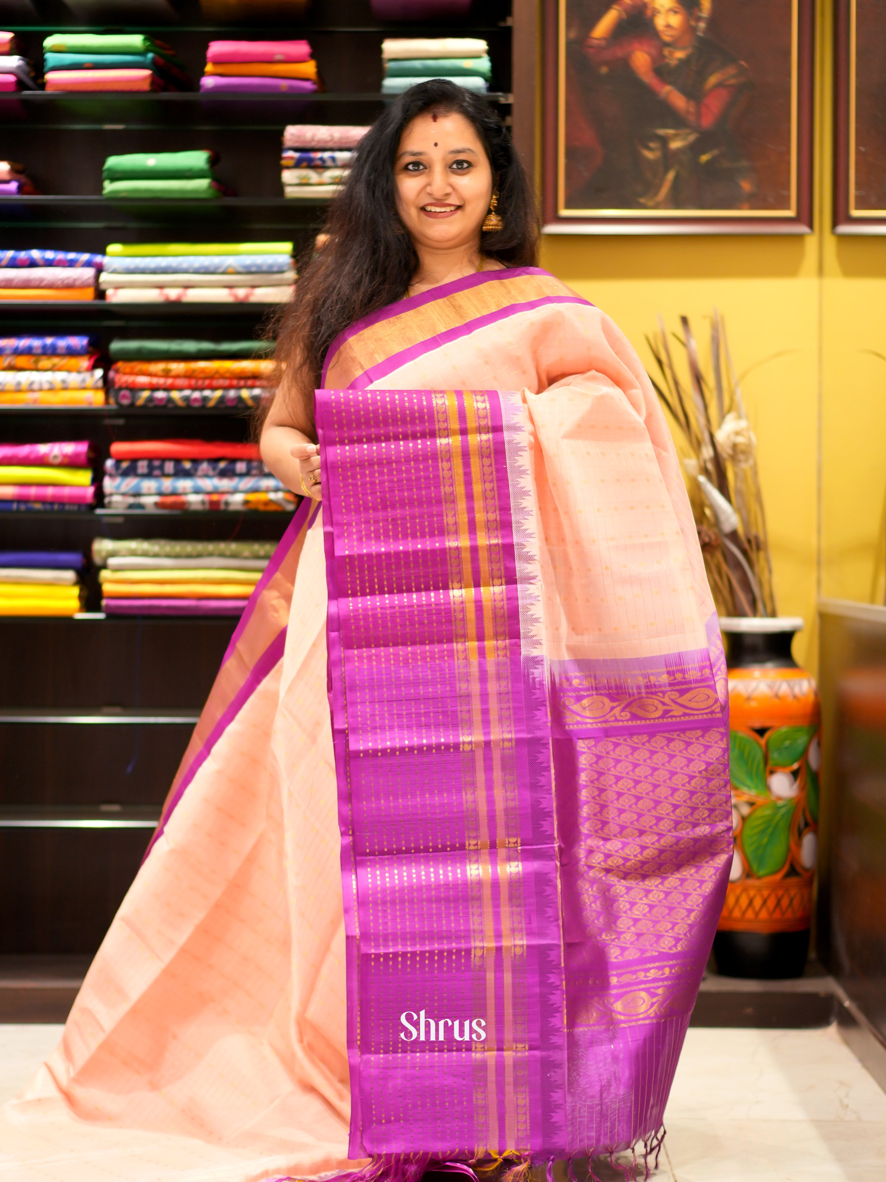 Peach & Majenta Pink - Silk Cotton Saree - Shop on ShrusEternity.com