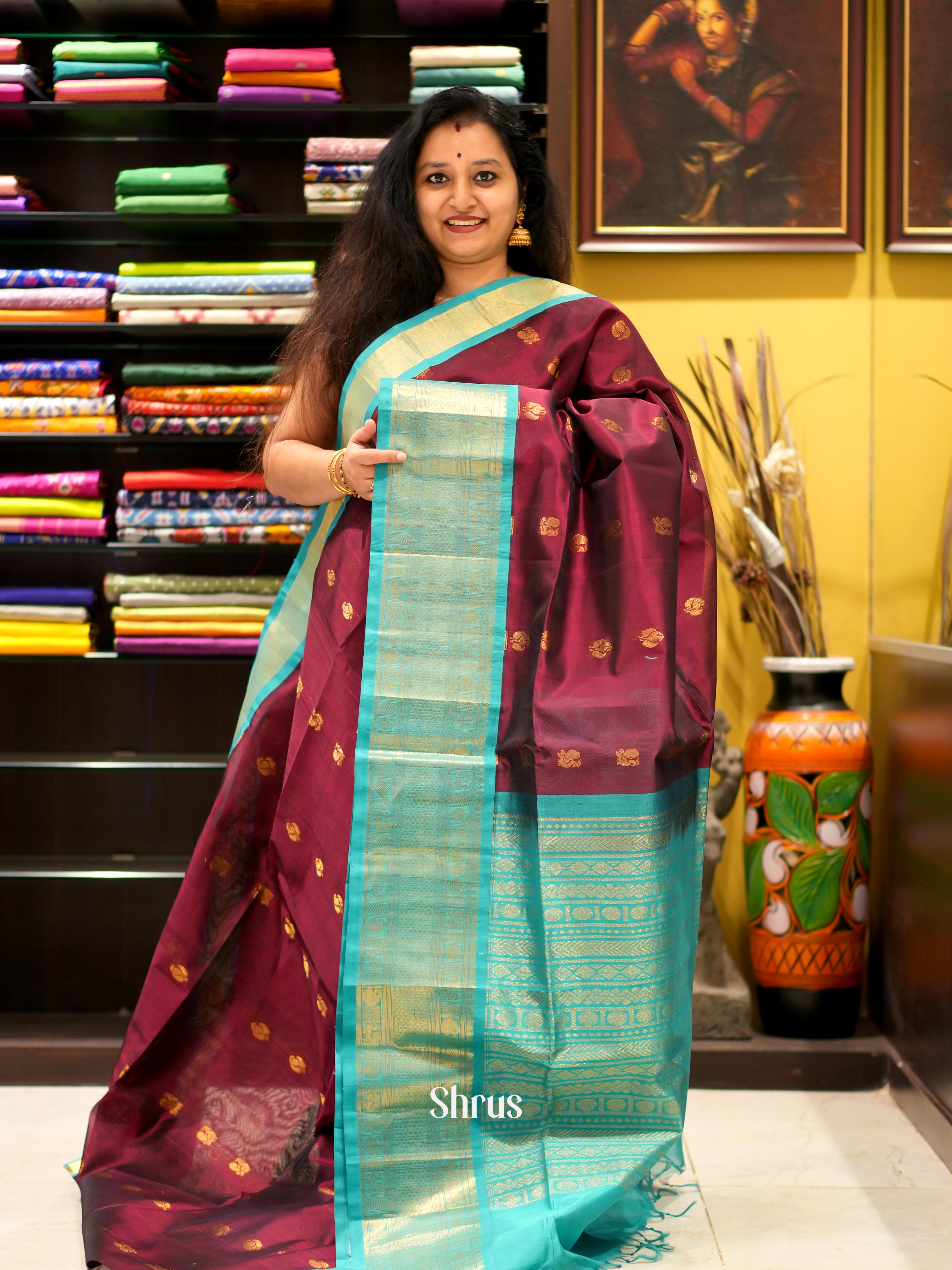 Wine & Teal- Silk Cotton Saree - Shop on ShrusEternity.com