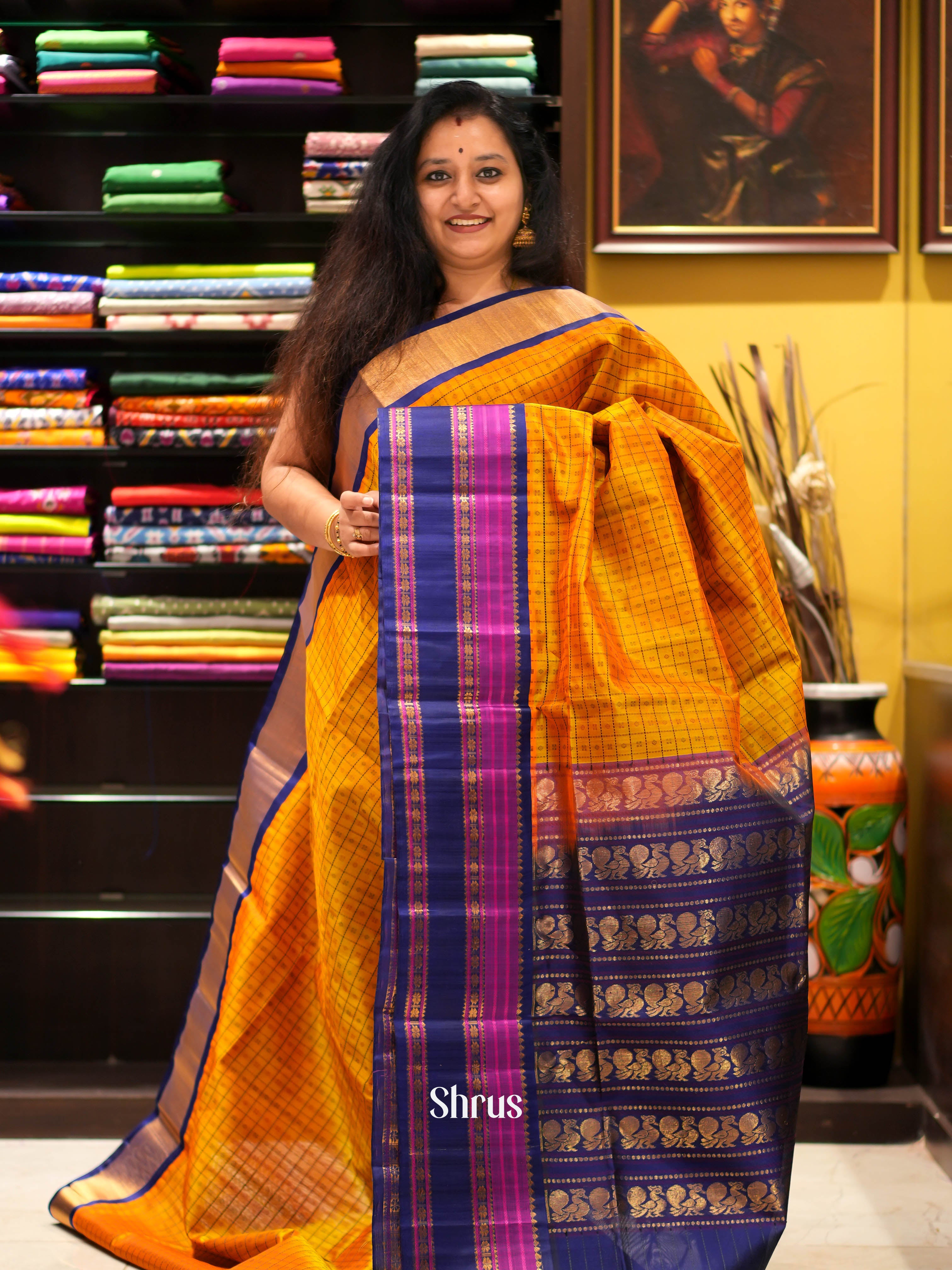 Mustard & Blue - Silk Cotton Saree - Shop on ShrusEternity.com
