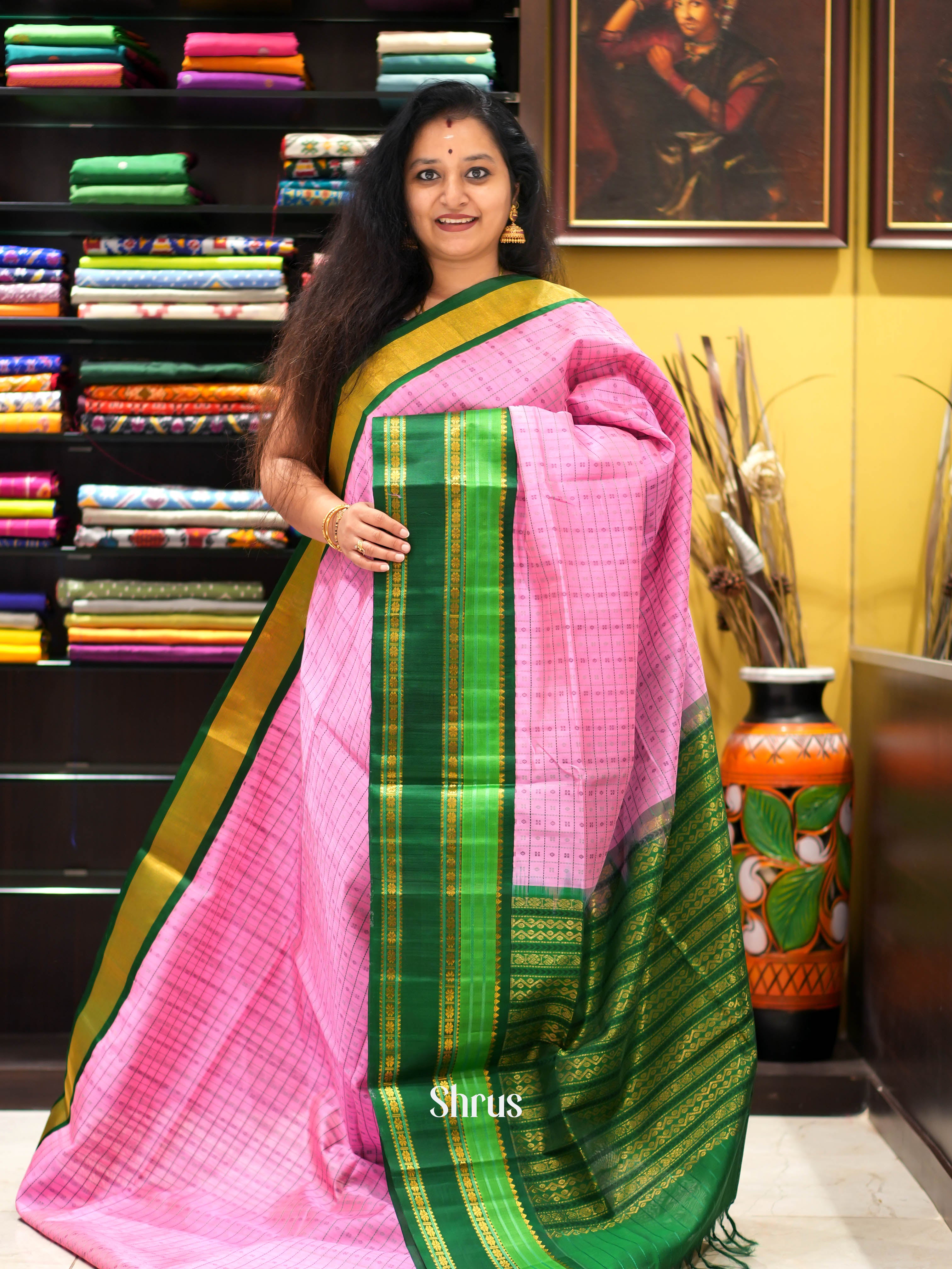 Pink & Green - Silk Cotton Saree - Shop on ShrusEternity.com