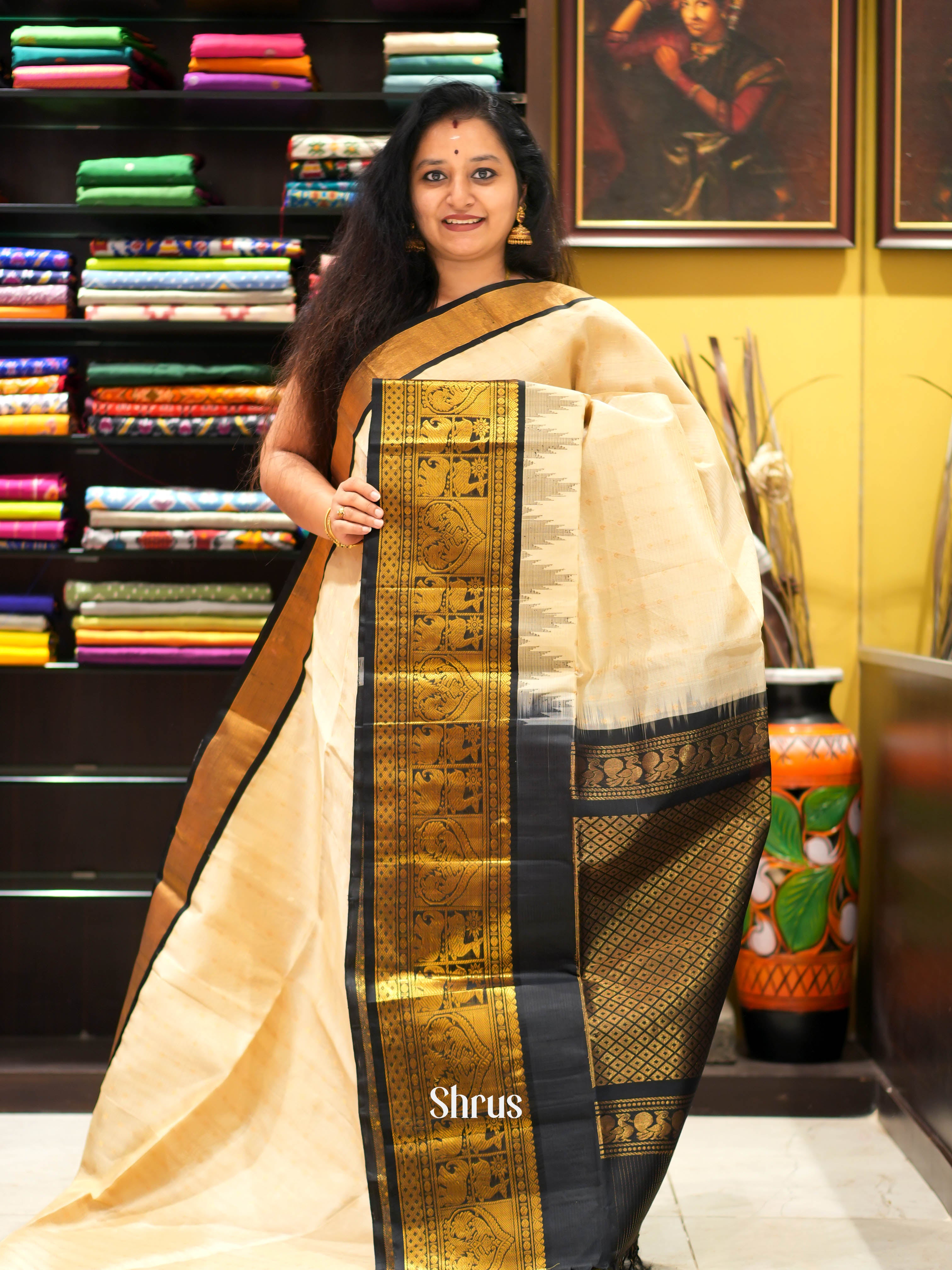 Cream & Black - Silk Cotton Saree - Shop on ShrusEternity.com