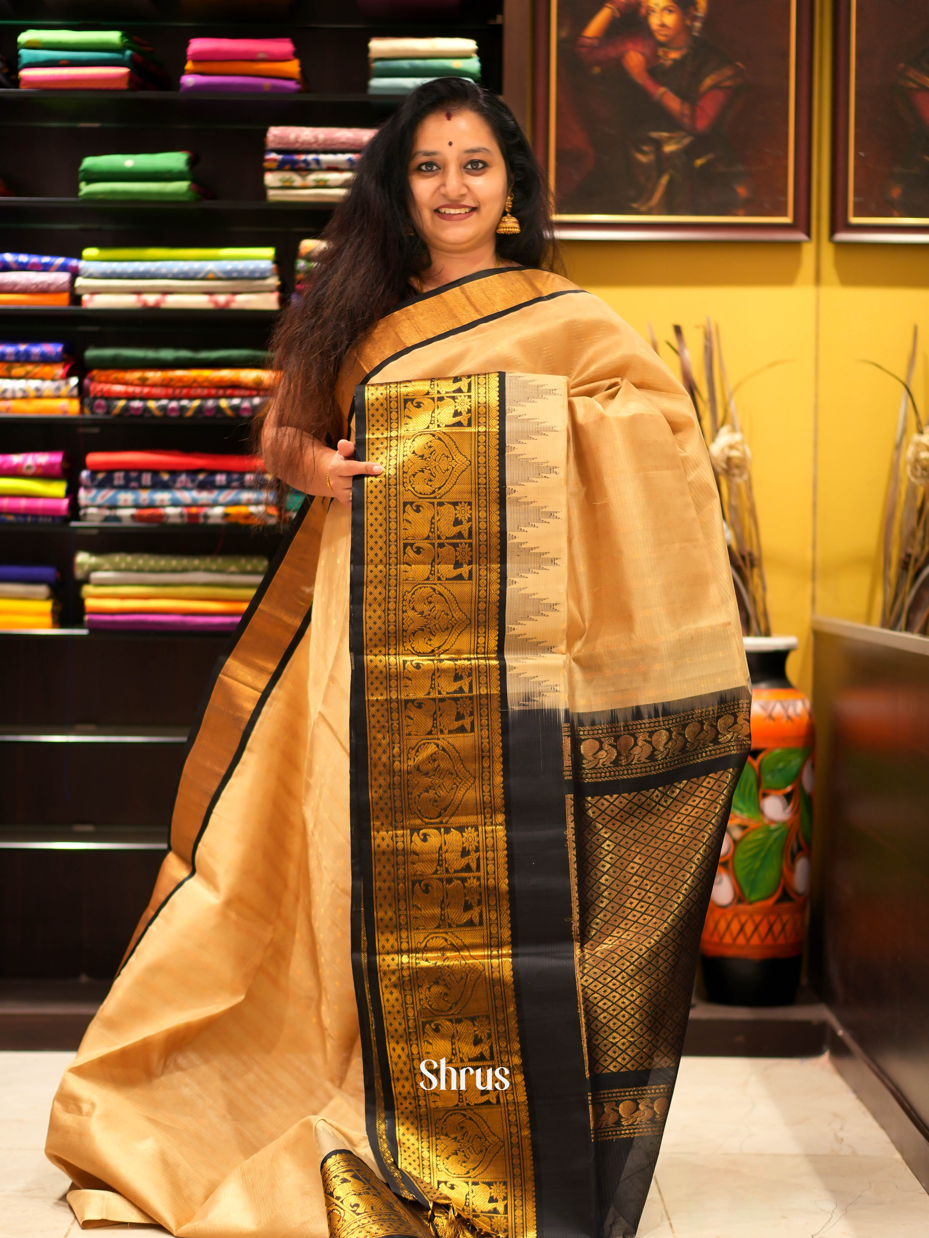 Cream & Black - Silk Cotton Saree - Shop on ShrusEternity.com