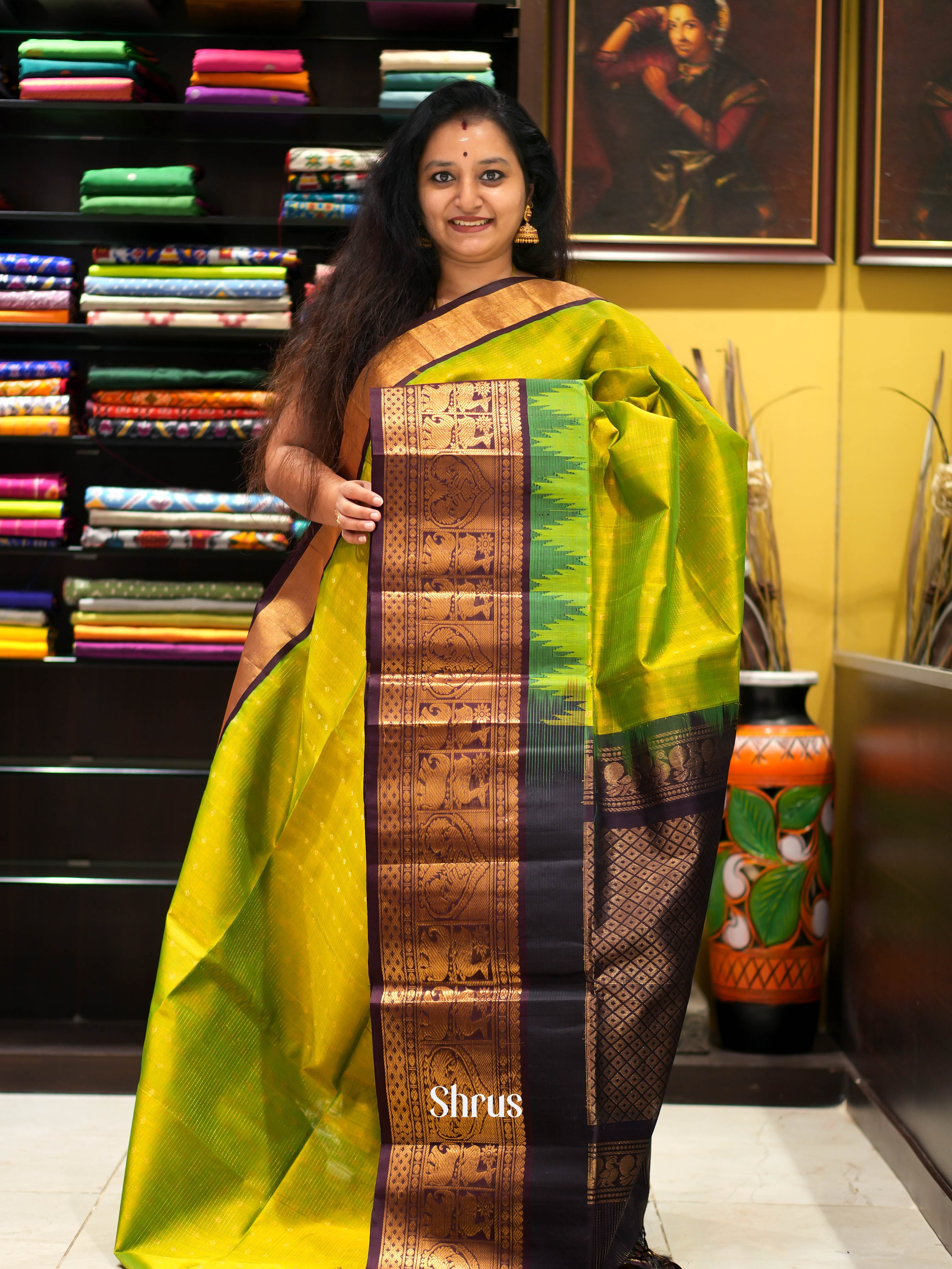 Green & Brown - Silk Cotton Saree - Shop on ShrusEternity.com