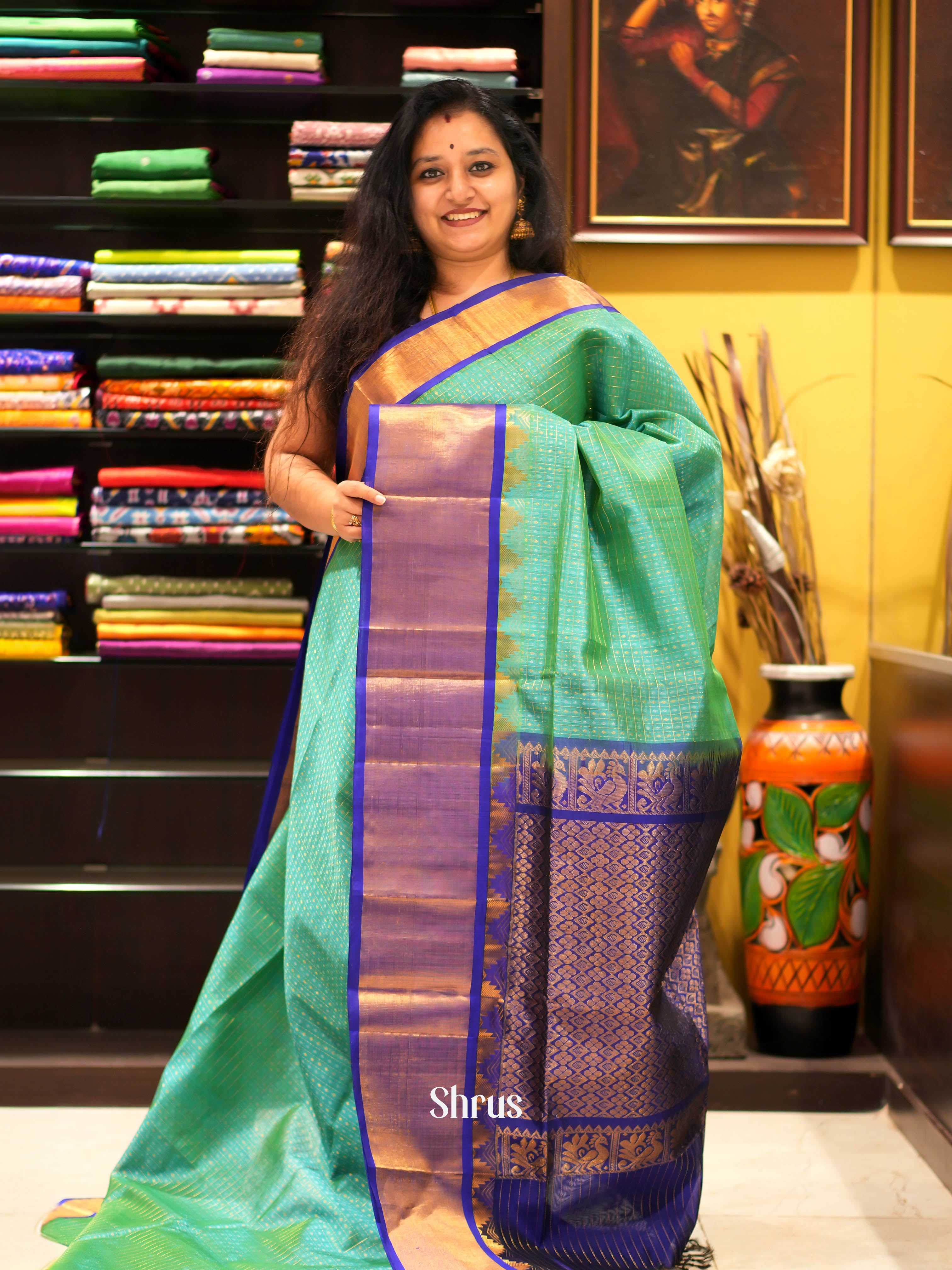 Green & Blue - Silk Cotton Saree - Shop on ShrusEternity.com