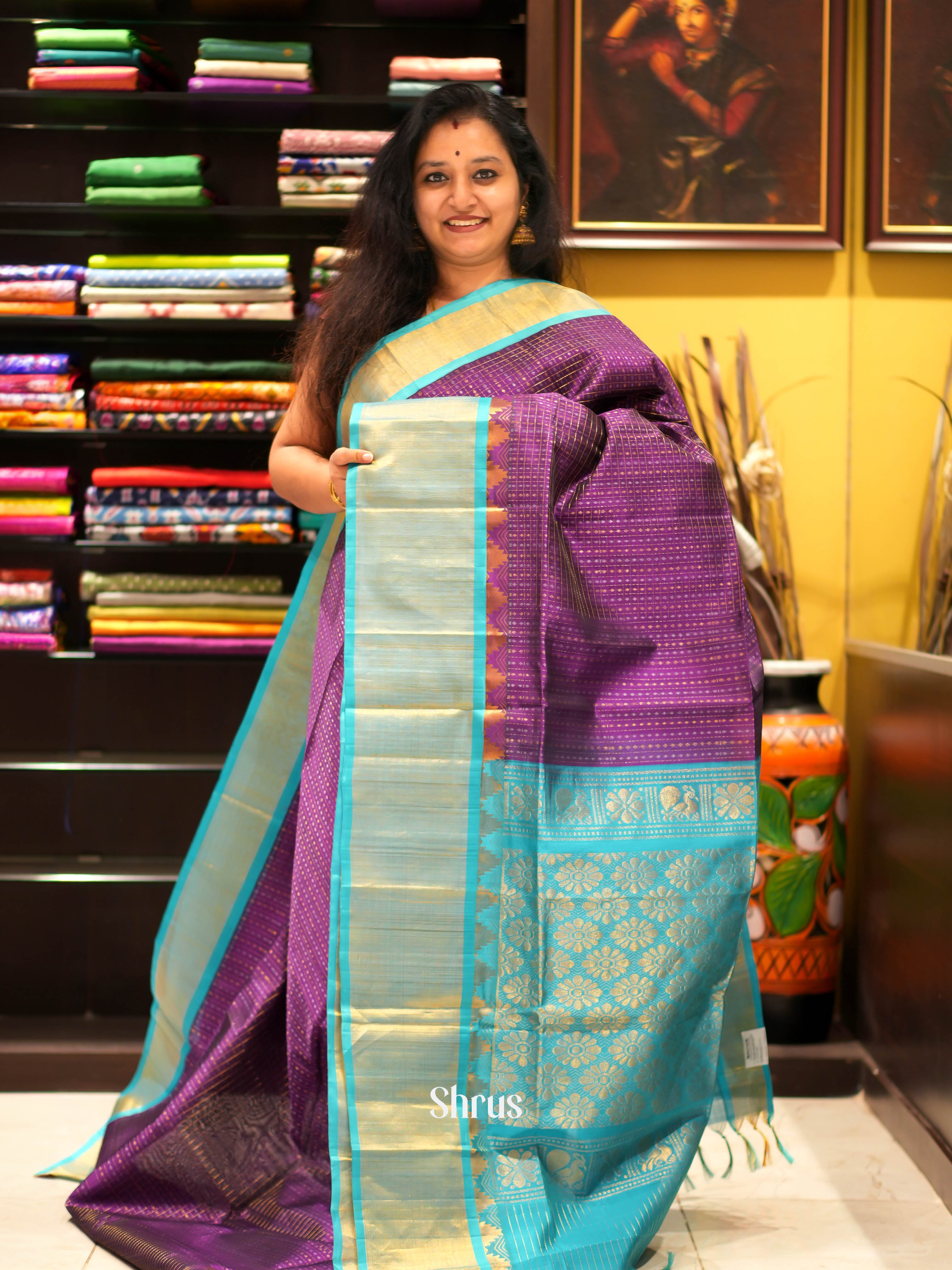 Violet & Teal - Silk Cotton Saree - Shop on ShrusEternity.com