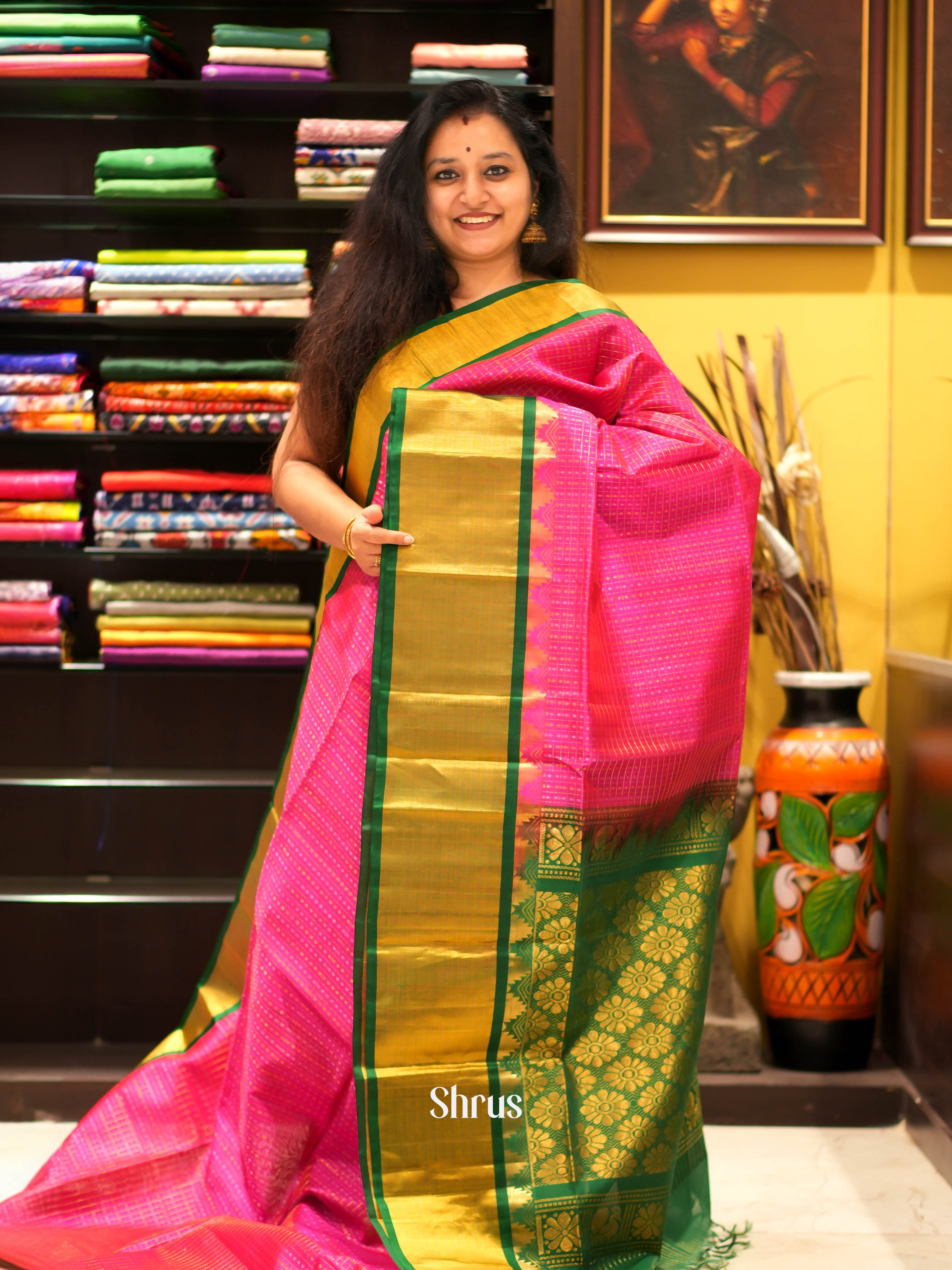 Pink & Green - Silk Cotton Saree - Shop on ShrusEternity.com