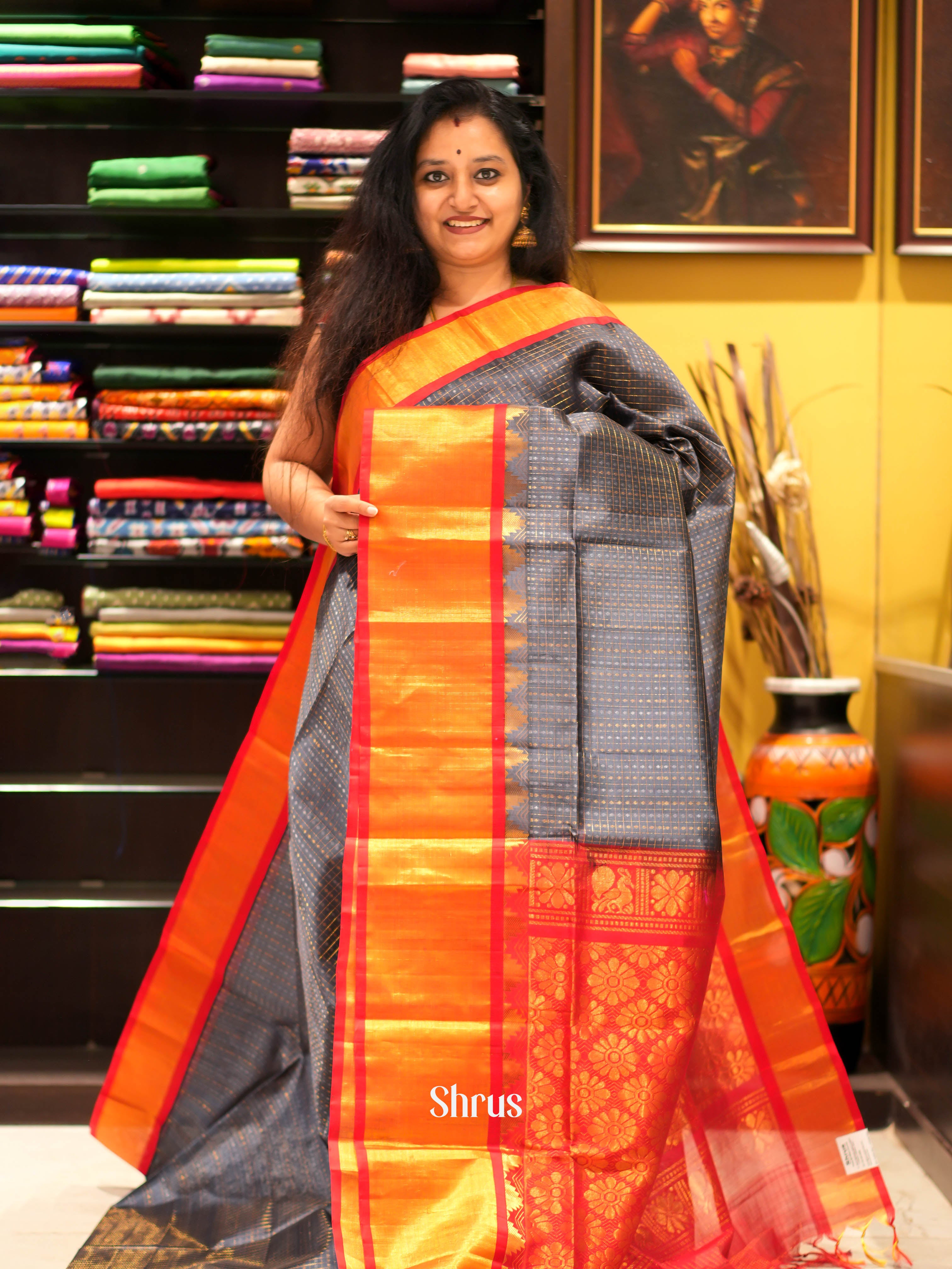 Grey & Red - Silk Cotton Saree - Shop on ShrusEternity.com