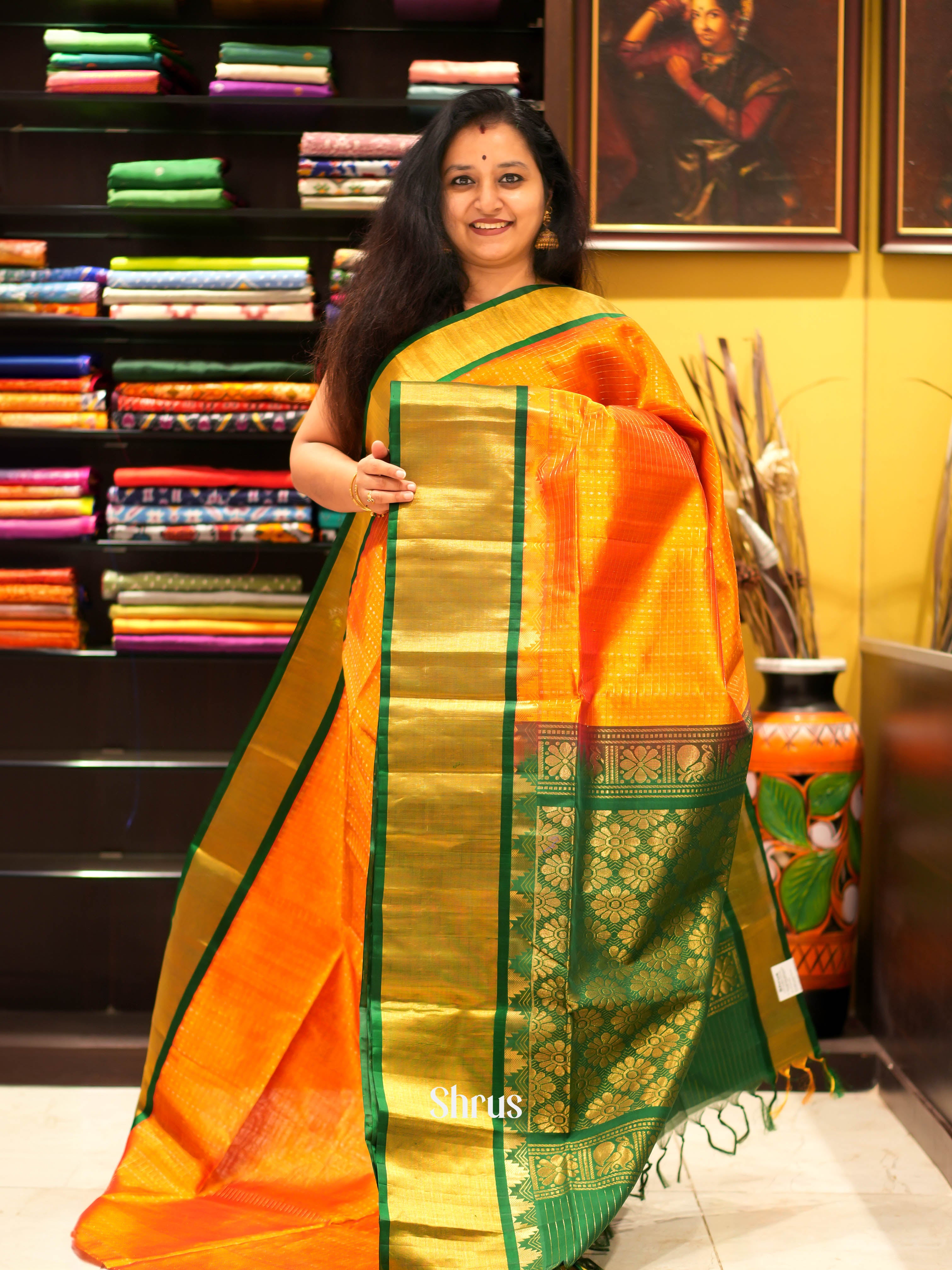 Orange & Green - Silk Cotton Saree - Shop on ShrusEternity.com