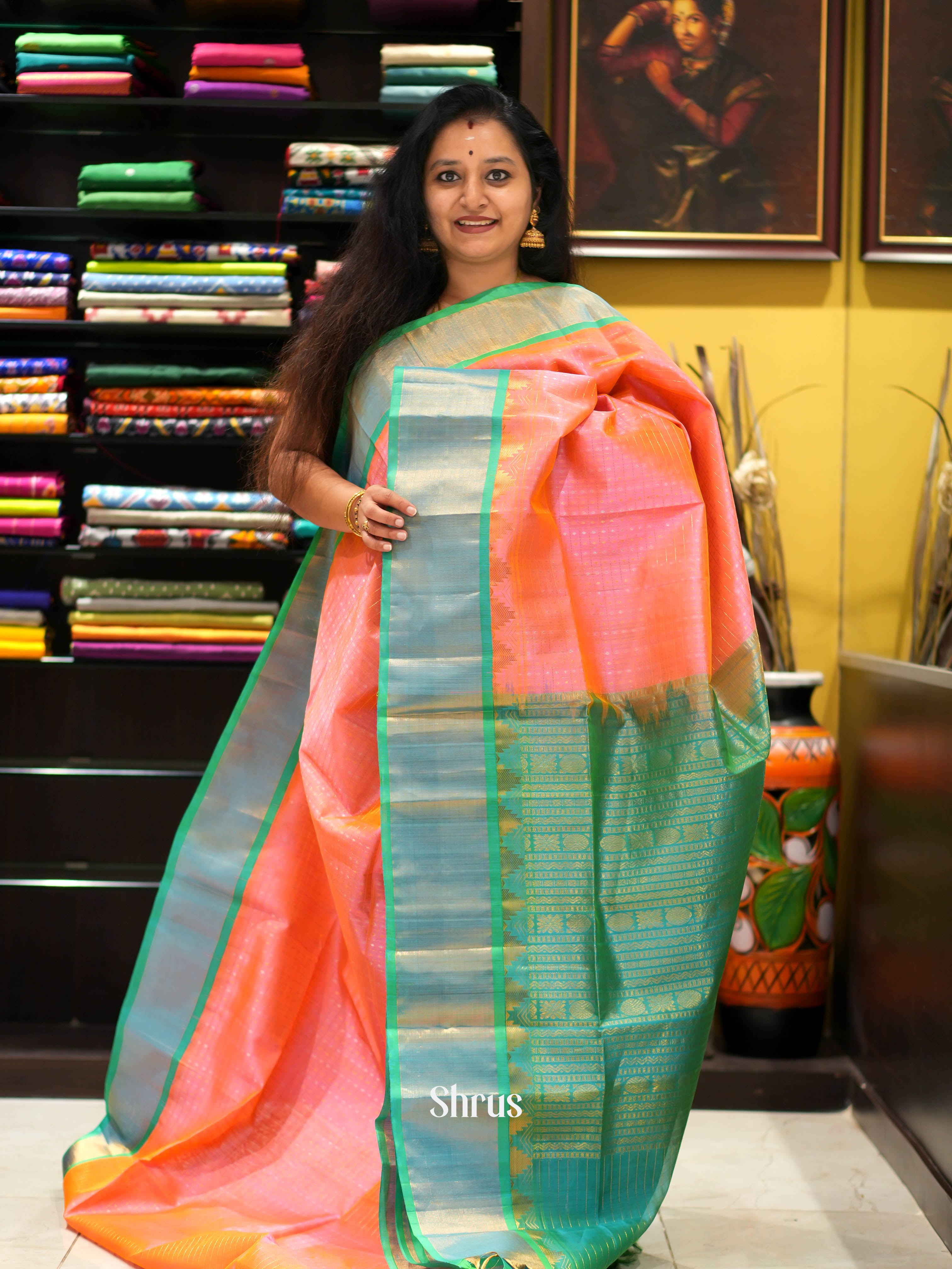 Peach & Green - Silk Cotton Saree - Shop on ShrusEternity.com