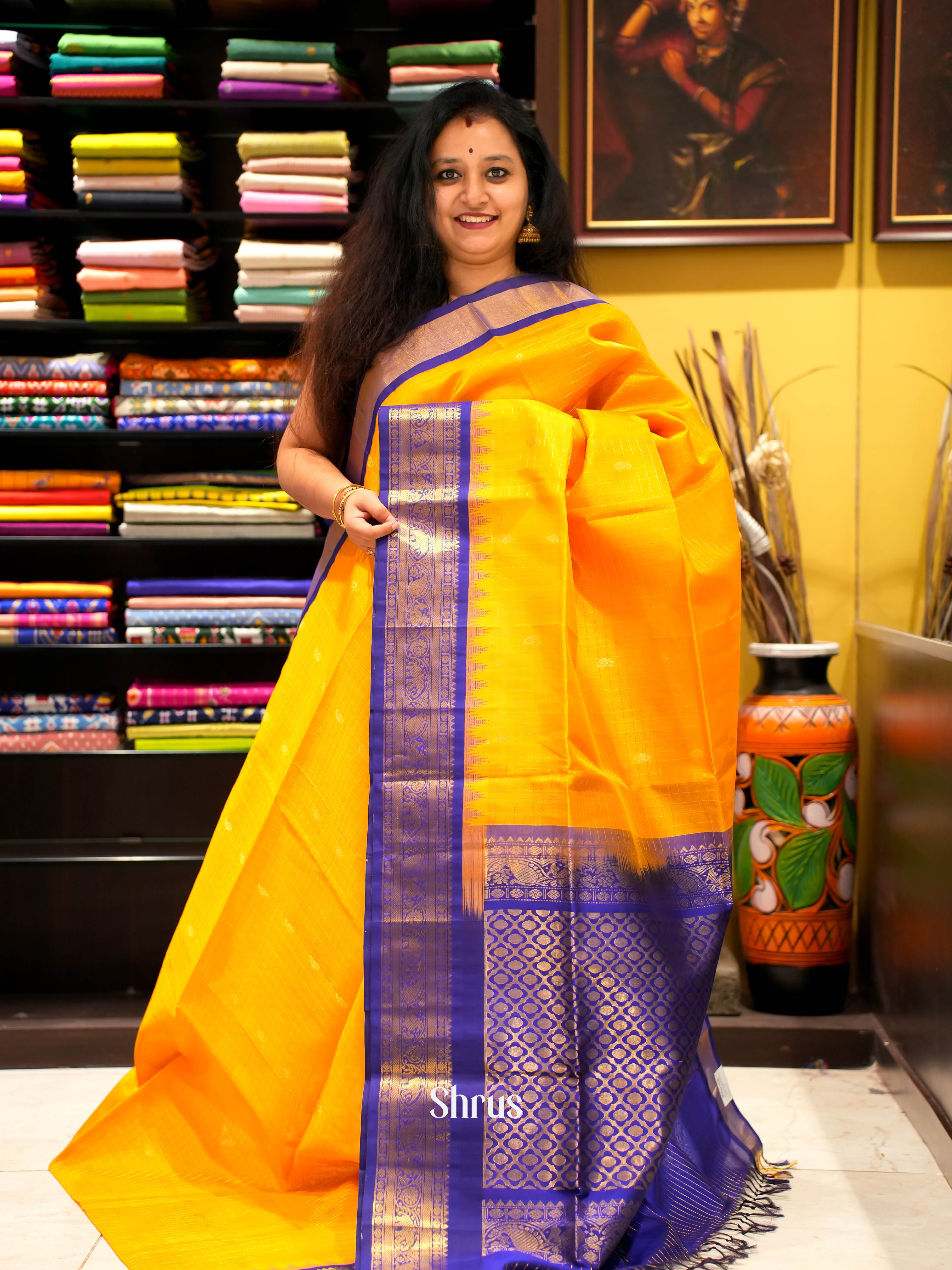 Yellow & Blue - Silk Cotton Saree - Shop on ShrusEternity.com
