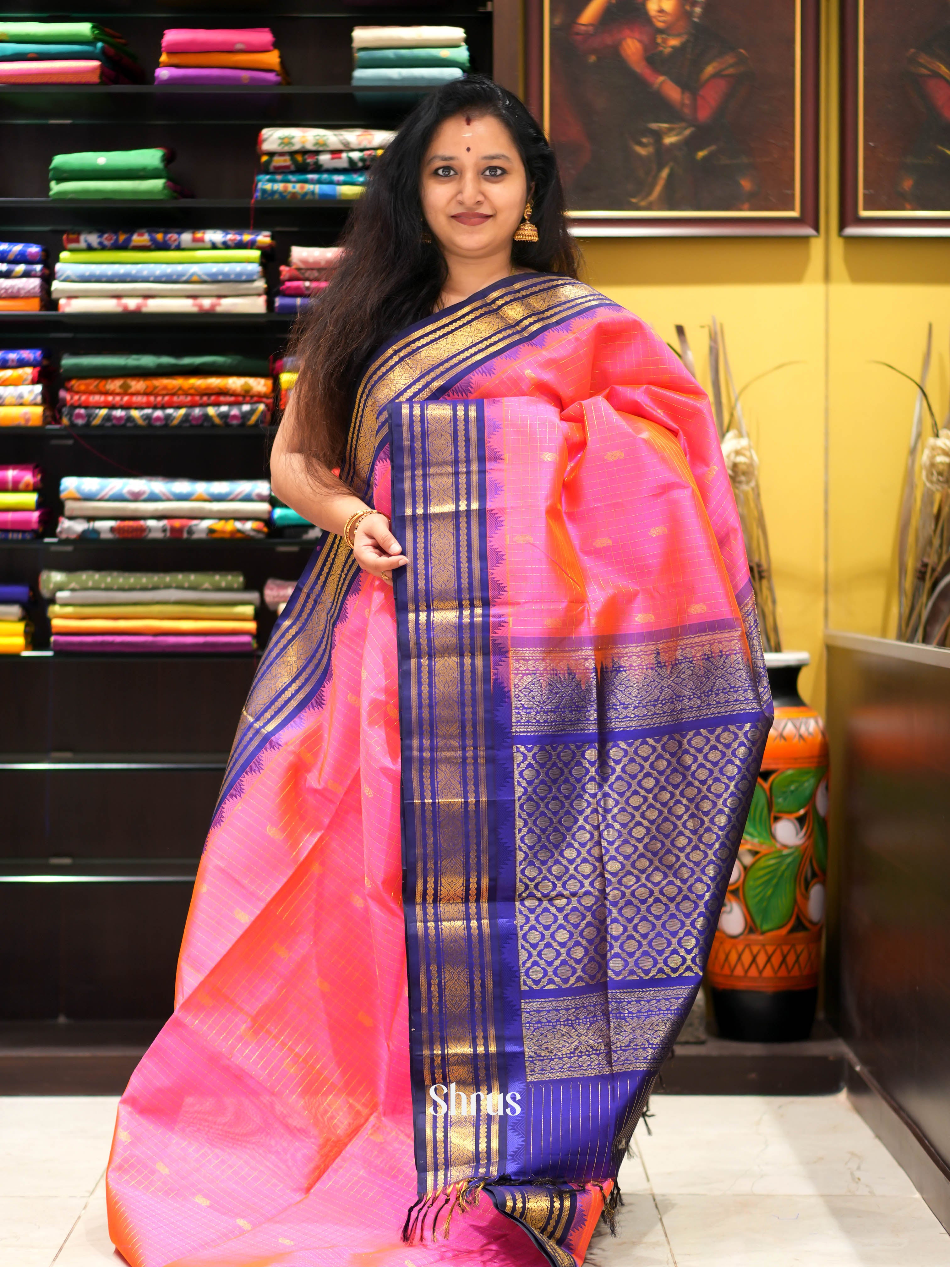 Pink & Blue - Silk Cotton Saree - Shop on ShrusEternity.com