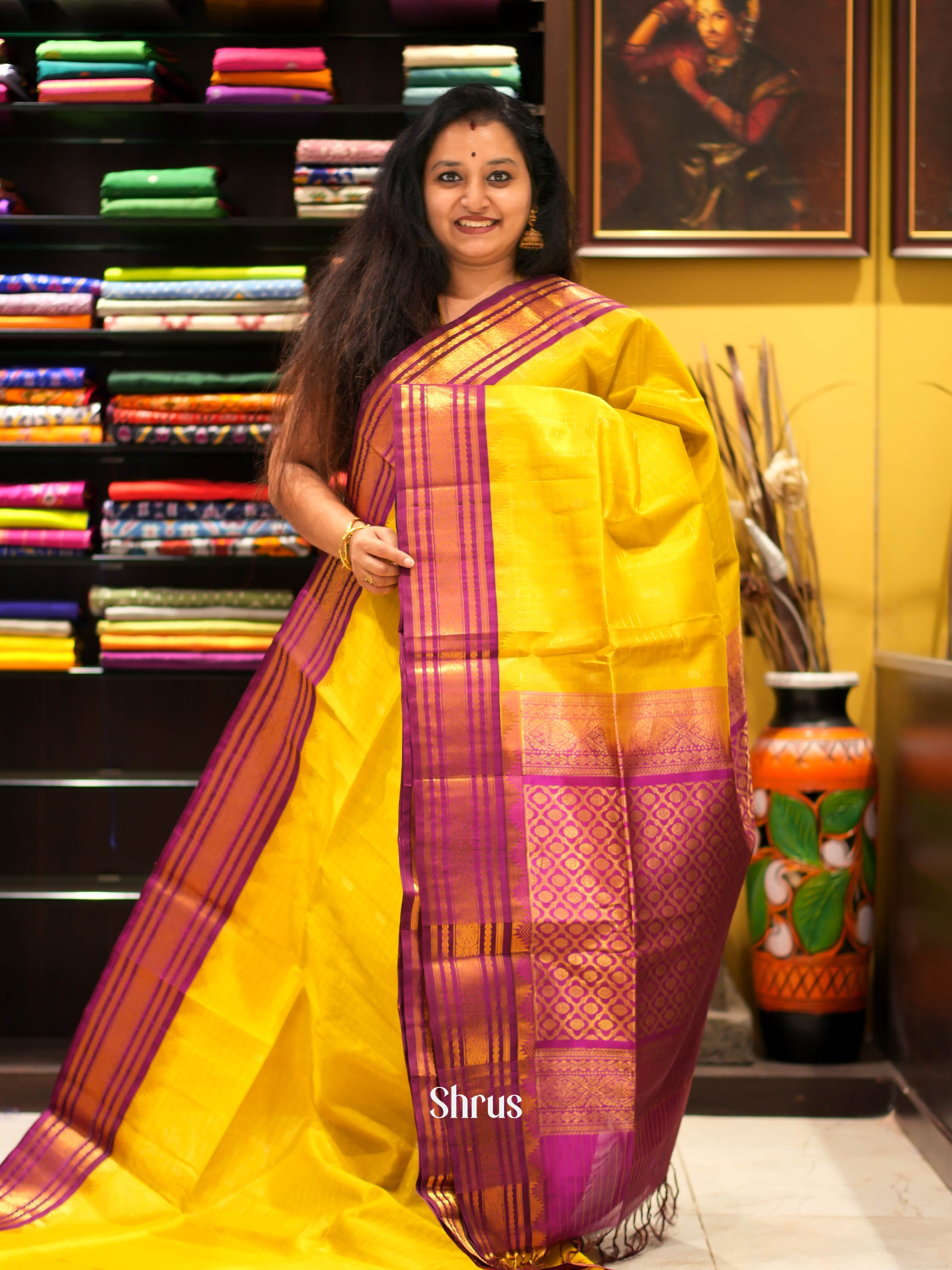 Yellow & Maroon- Silk Cotton Saree - Shop on ShrusEternity.com