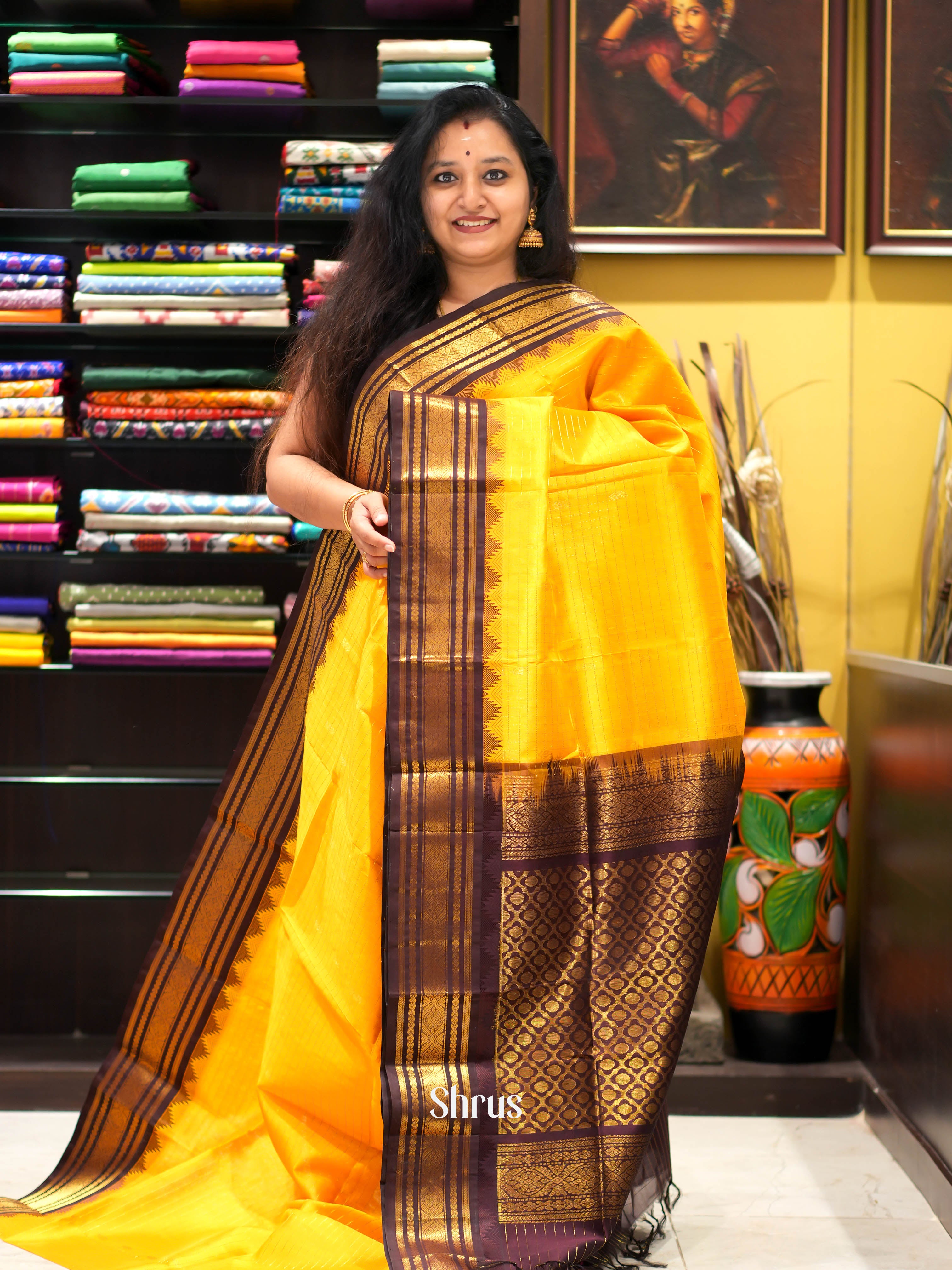Yellow & Brown - Silk Cotton Saree - Shop on ShrusEternity.com