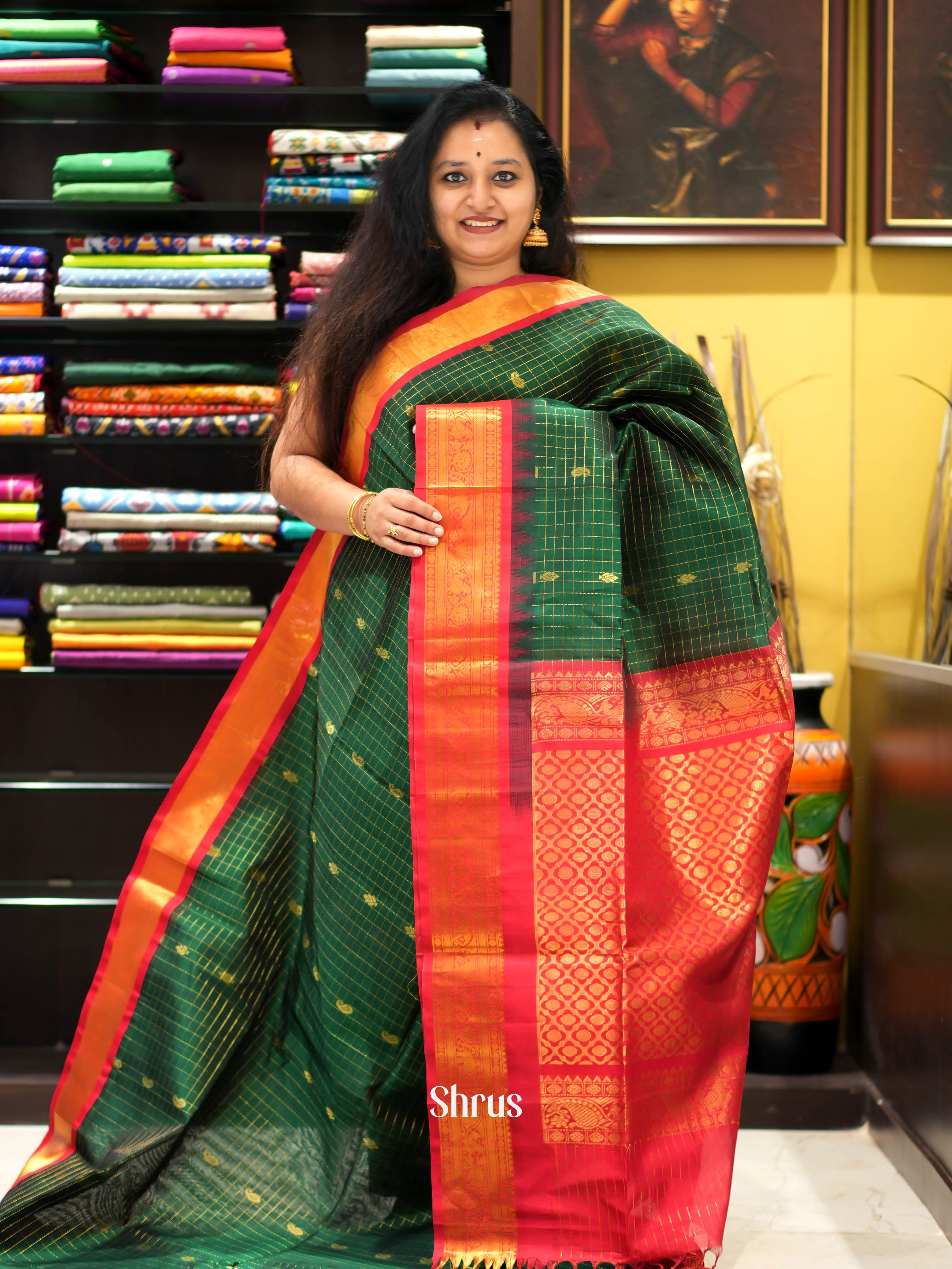 Green & Red - Silk Cotton Saree - Shop on ShrusEternity.com