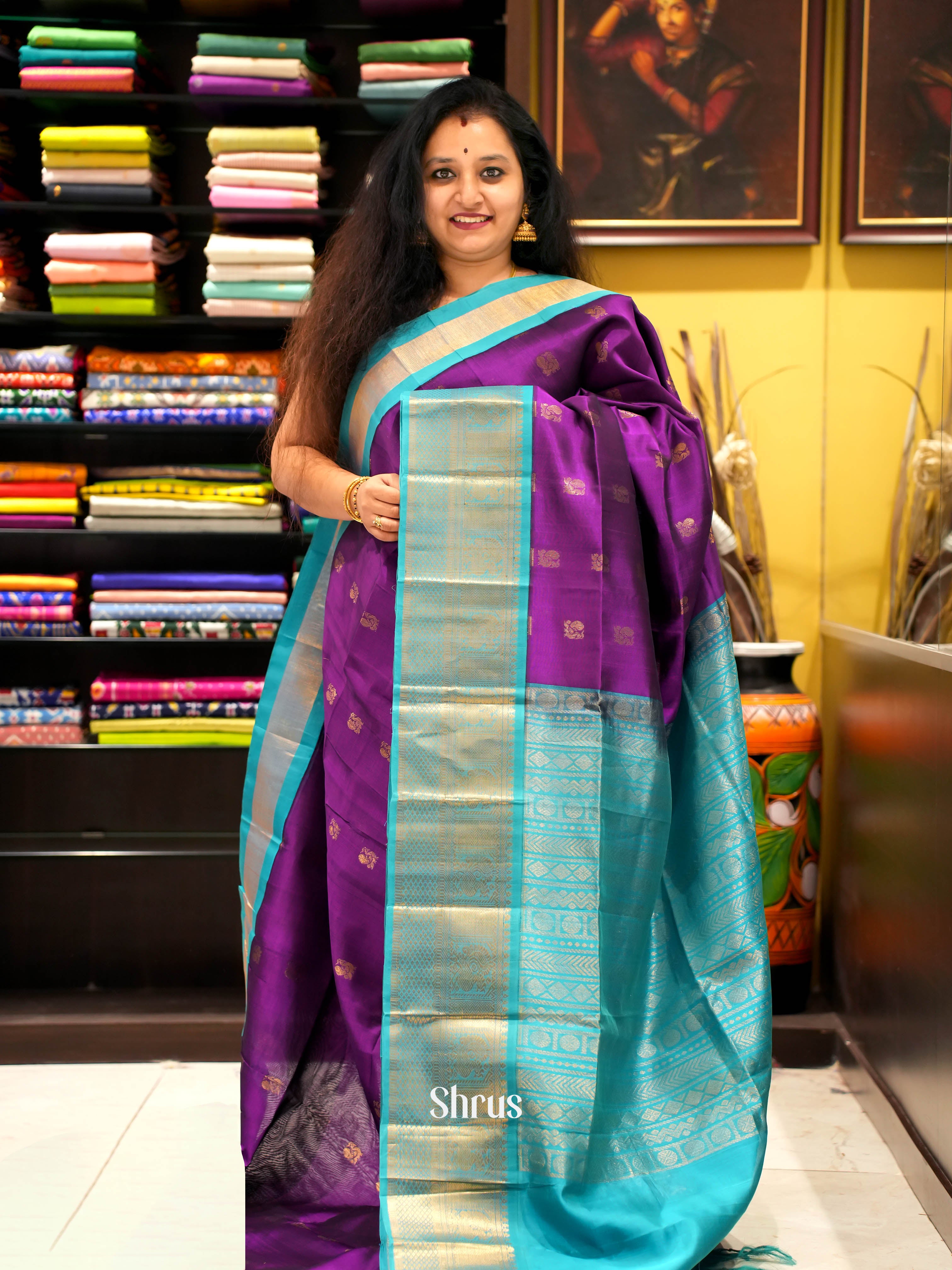Violet & Teal - Silk Cotton Saree - Shop on ShrusEternity.com