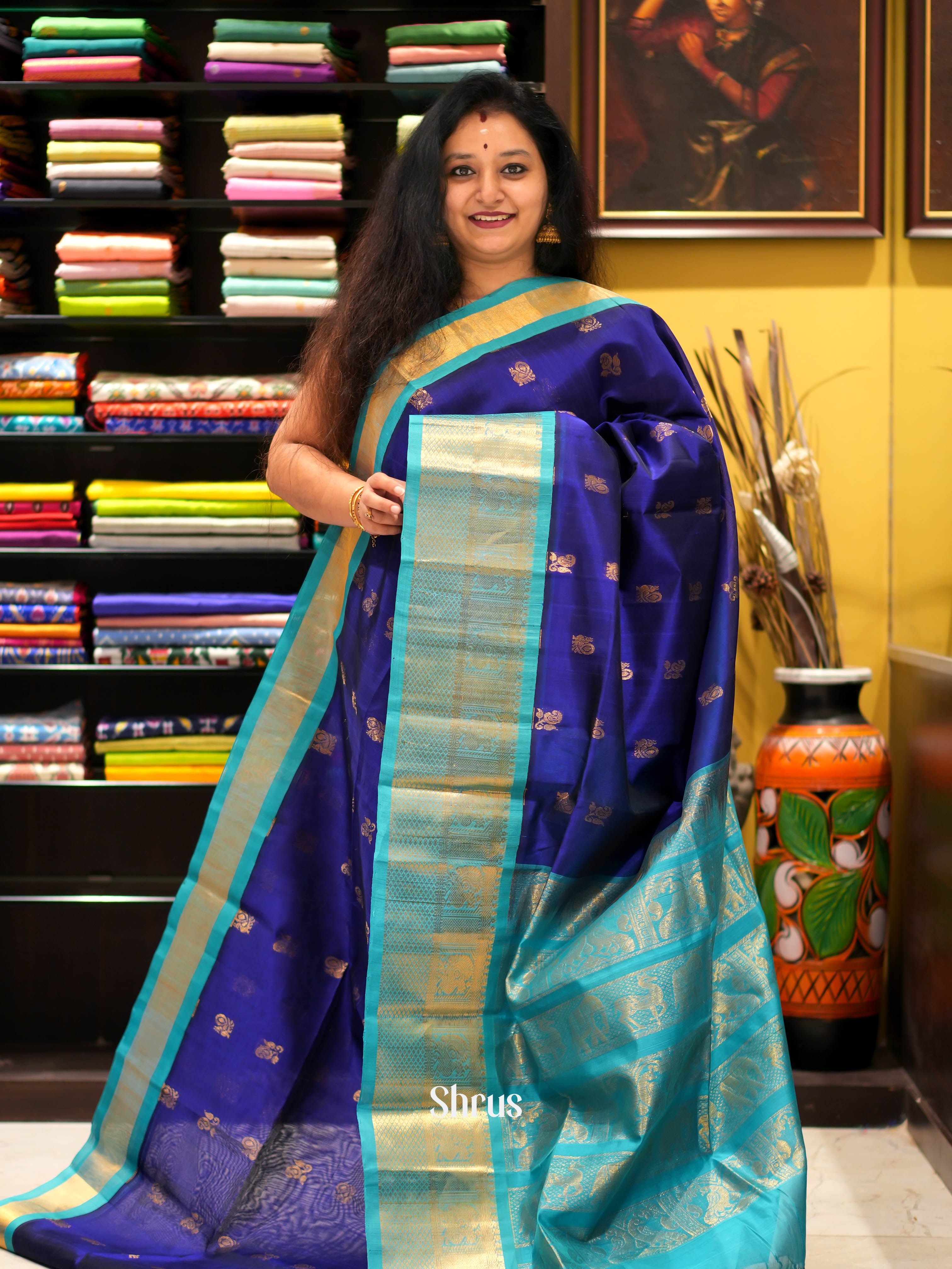 Blue & Teal - Silk Cotton Saree - Shop on ShrusEternity.com